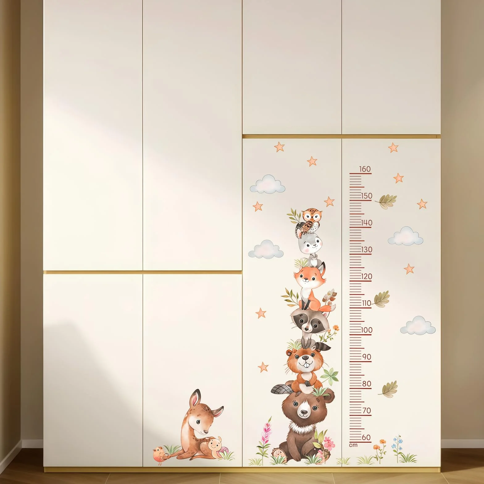Toise adhésive murale animaux forêt 60-160 cm étanche pour chambre bébé enfant