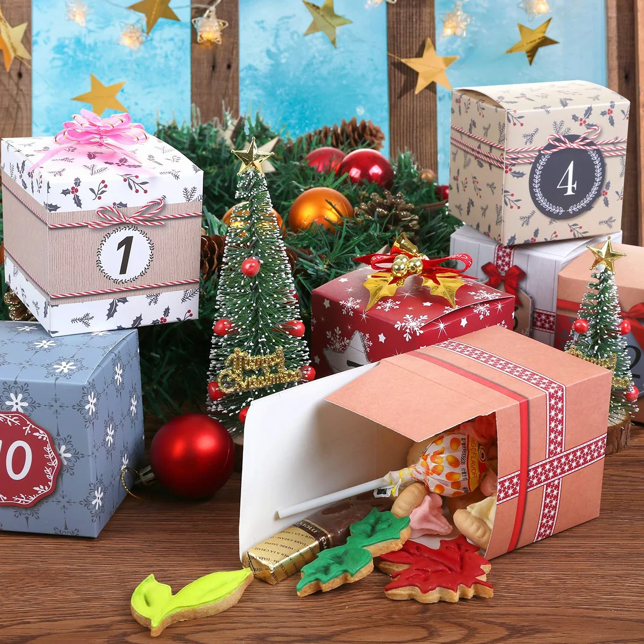 LIHAO Calendrier de l'Avent Vide 2024 24 Boîtes Sacs Papier Kraft Cadeau Noël 7x7x7 cm