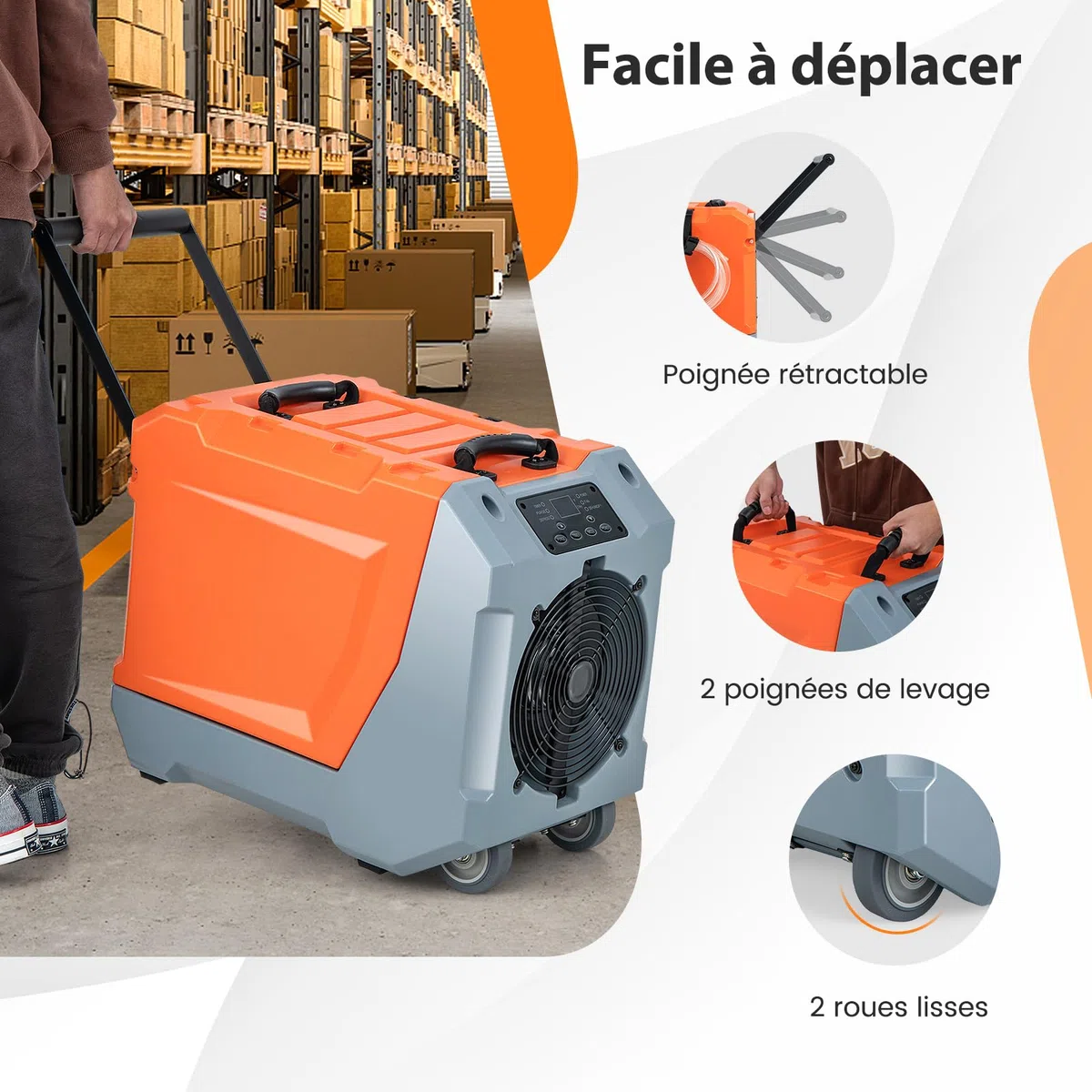 COSTWAY Déshumidificateur Commercial 85L/Jour avec Pompe 2 Roues (Orange)