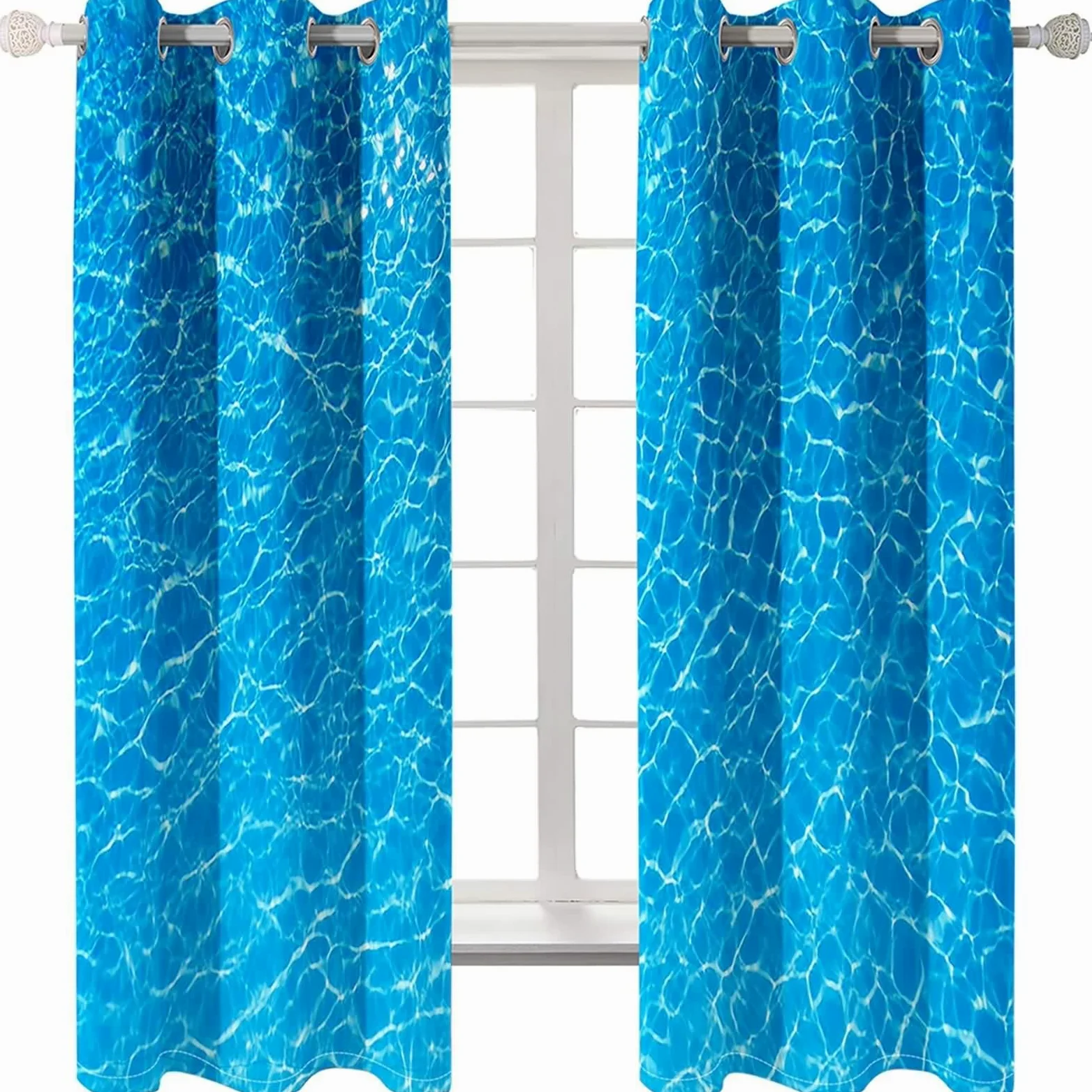 Rideaux Fenetre, Rideau de Cuisine Long Vintage Bleu Polyester Paysage Marin 96L x 214H CM Lot de 2