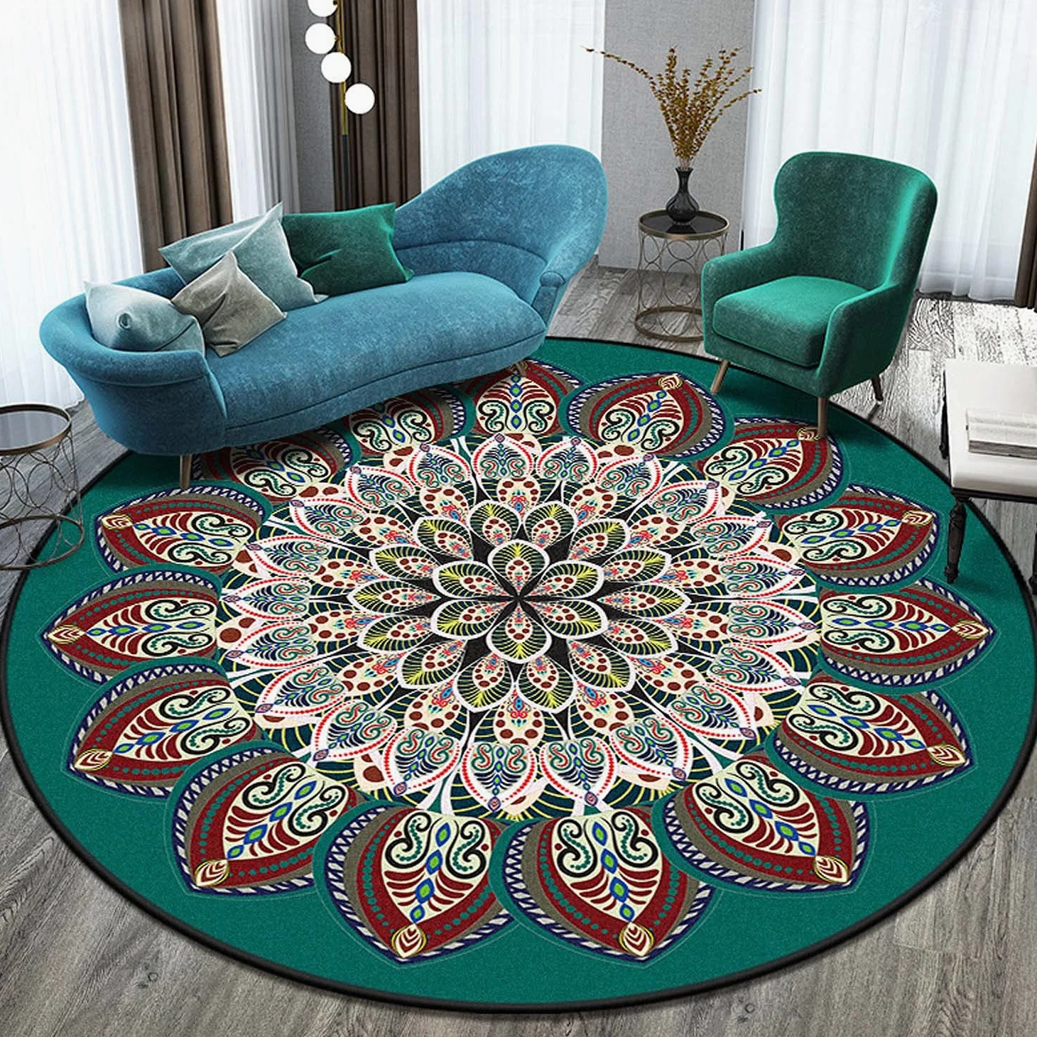 Dhao Tapis Rond Mandala Motif Bohême Moderne pour Salon Chambre à Coucher Cuisine Lavable Grands Antidérapant Tapis Diamètre: 140 cm