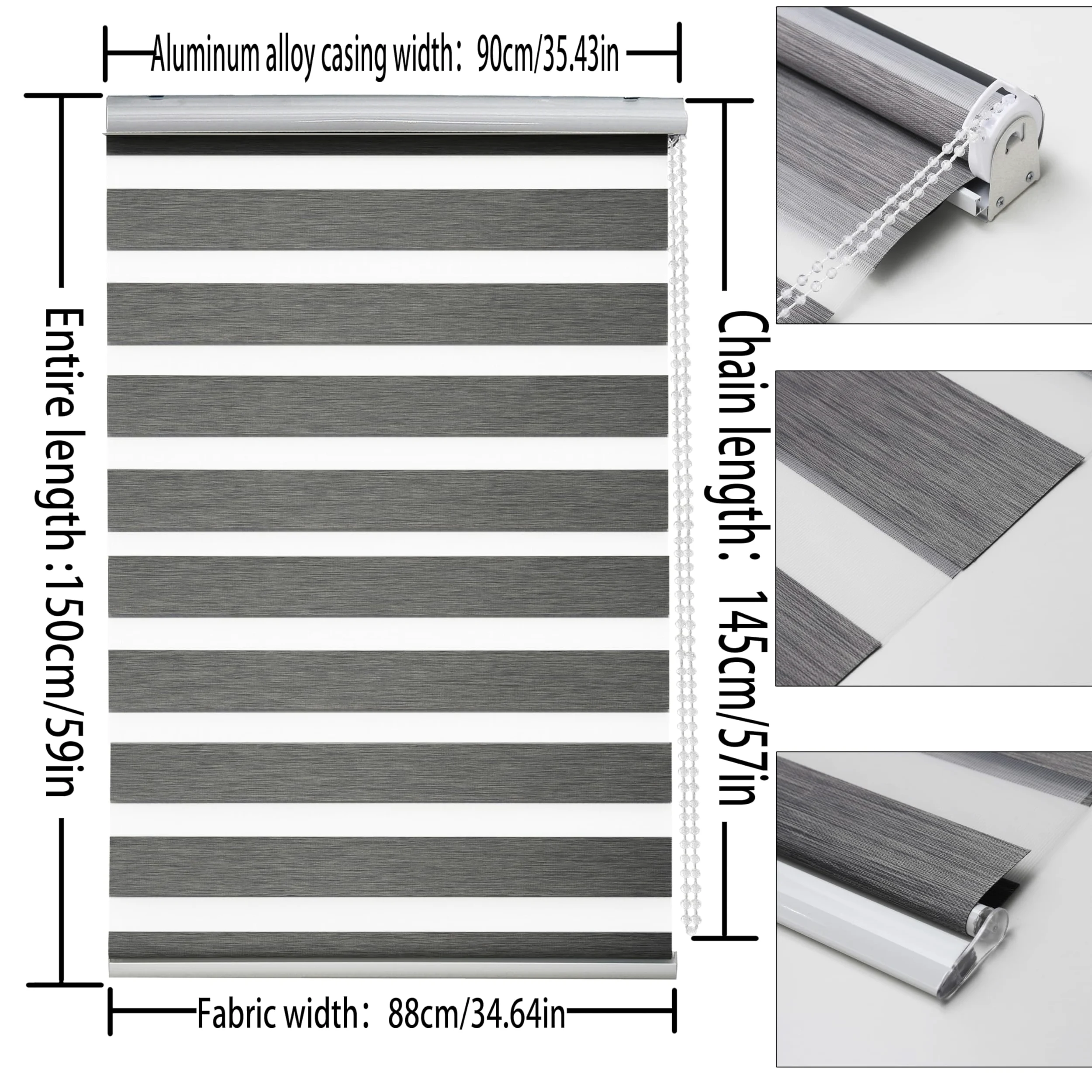 Store Enrouleur zébré Jour Nuit - Rideau occultant pour fenêtre, Porte, fenêtre, Cassette en Aluminium - Rideaux translucides (Gris, 90 x 150 cm)