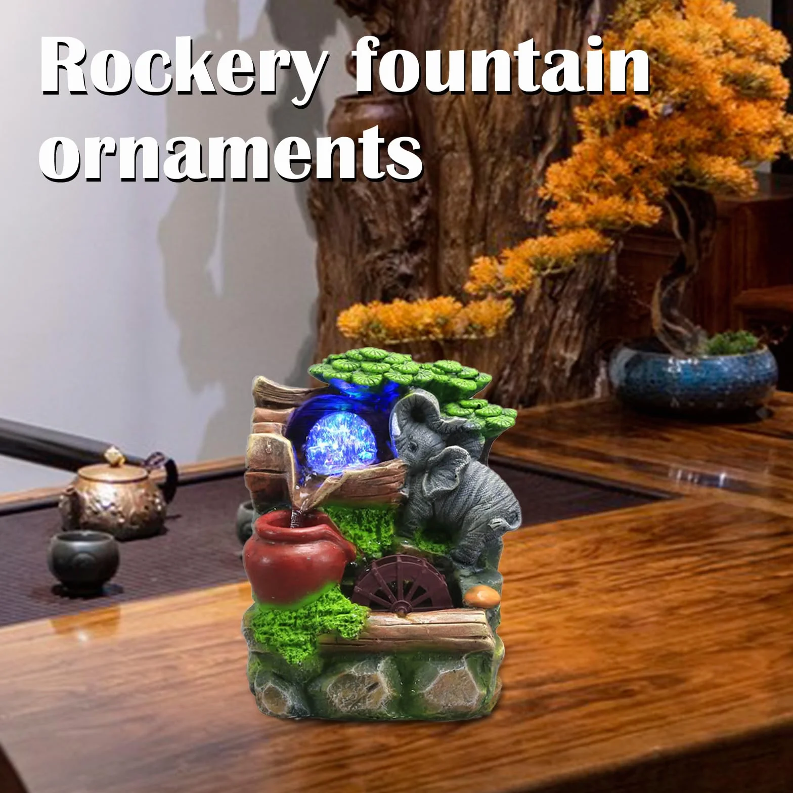 Fontaine de Salle Cascade d'Intérieur avec Boule Roulante en Polyrésine Éléphant Roche 23x18x13cm