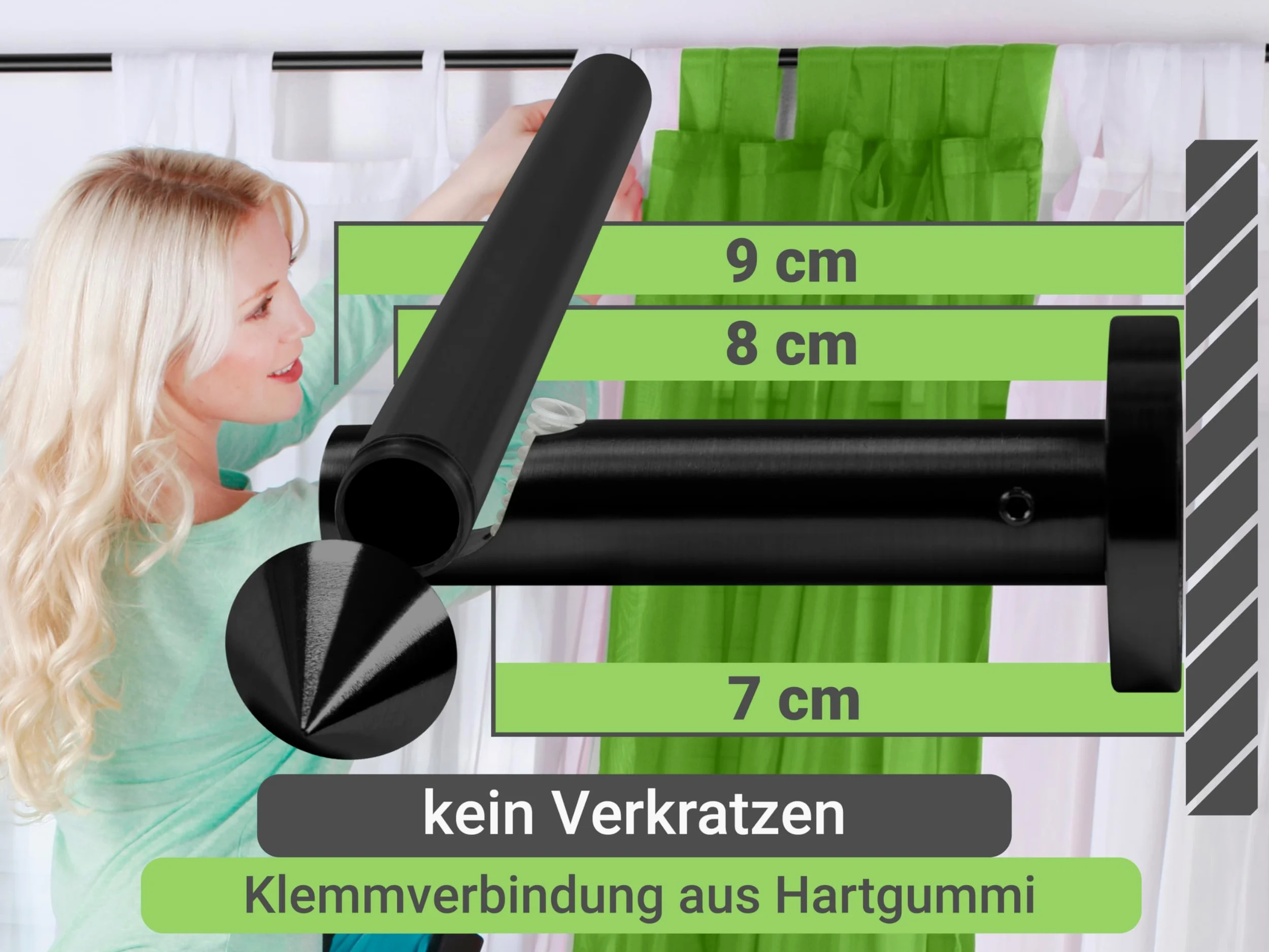 Tringle a rideaux télescopique noir 160-310 cm - Tringle rideau extensible et réglable, également utilisable comme tringle de douche - Embouts cône