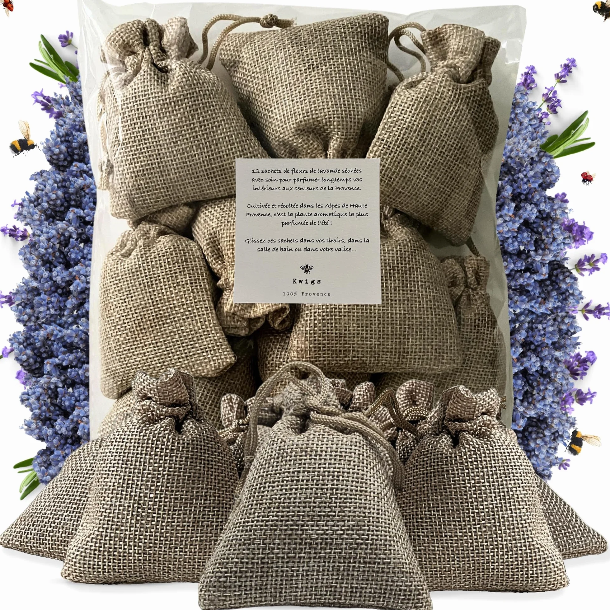 Lavande Séchée Provence 12 Sachets en Jute Doublée pour Placards Linge Armoire