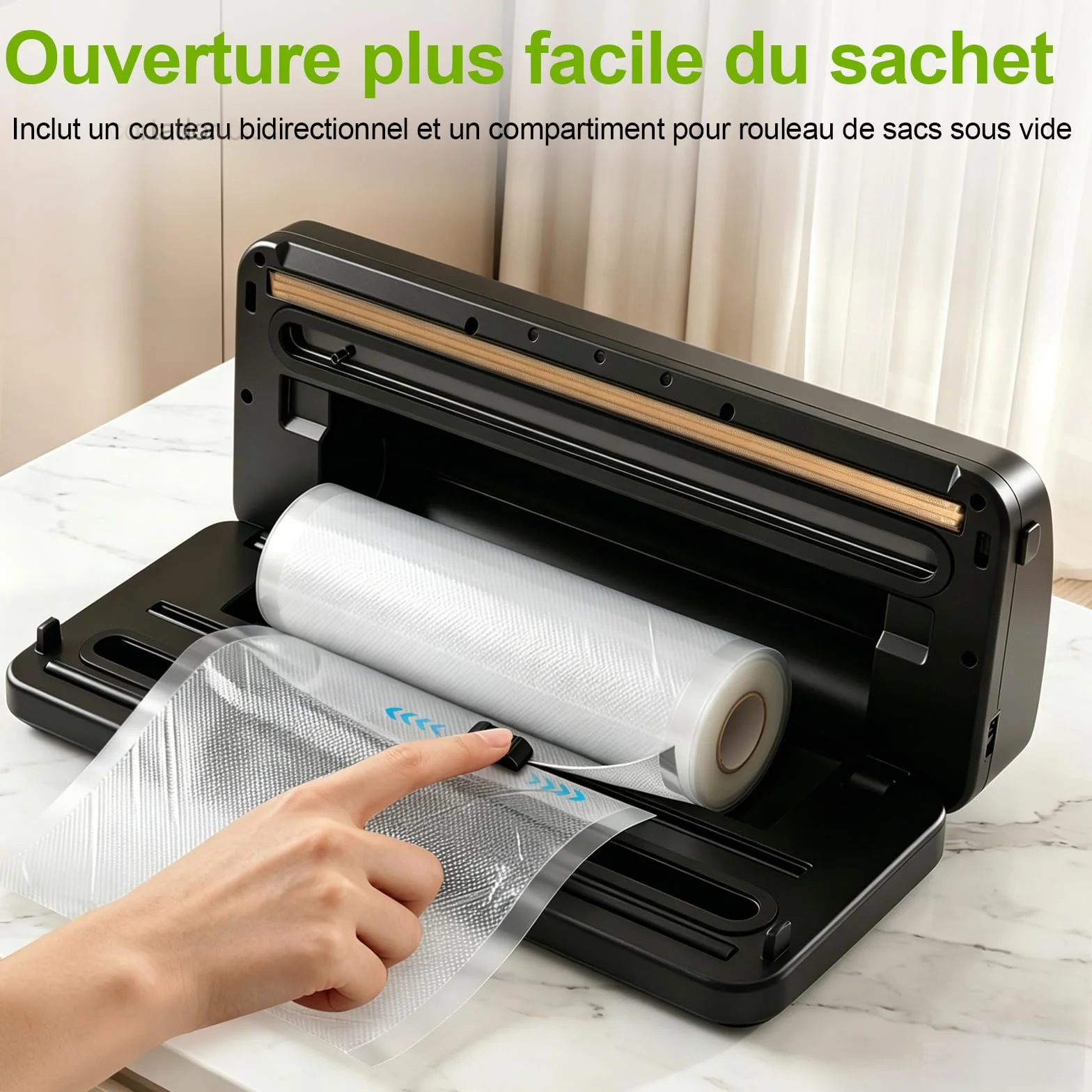Machine Sous Vide Alimentaire Automatique, Appareil Professionnel avec Cutter Intégré, 20 Sacs, 1 Sac Enroulable et Tube
