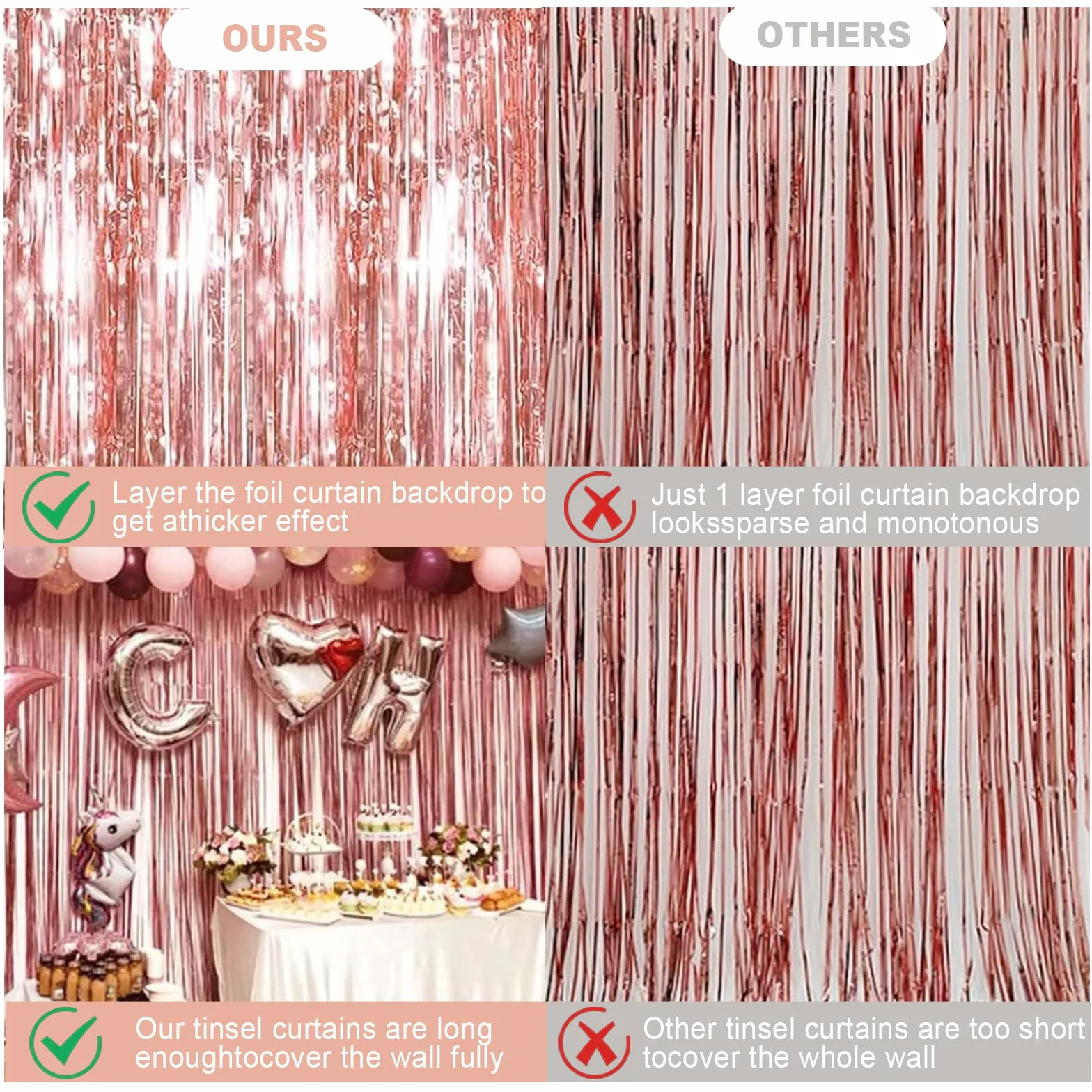Rideau de Tinsel Rose Or 2 Pièces 1m x 3m Métallique Brillant Franges Shimmer Décoration Mariage