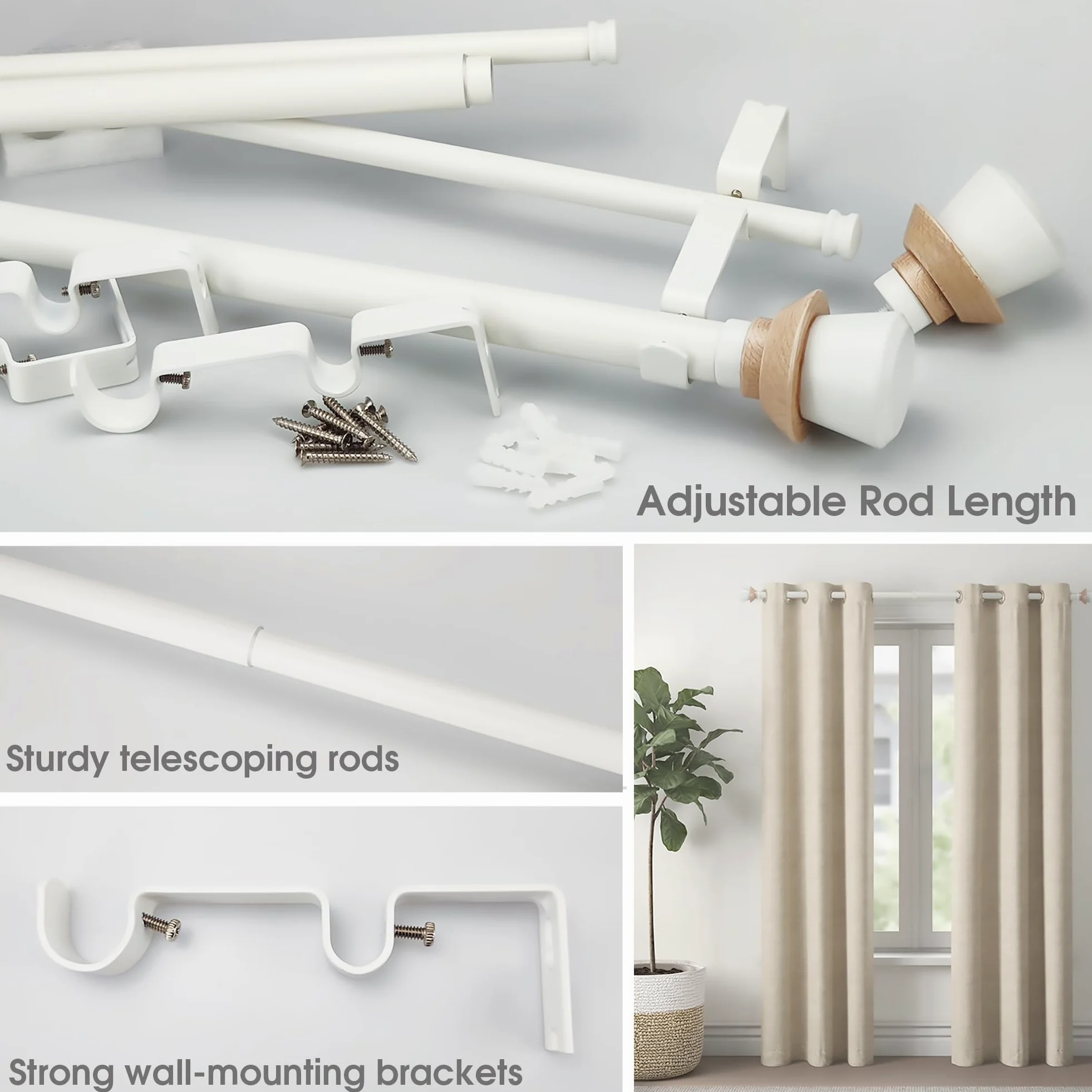 Ensemble de tringle à rideaux double blanche de style nordique avec embouts décoratifs, 91,4 à 183 cm, tringle à rideaux double standard pour 1 pièce, 2,5 cm de diamètre, longueur