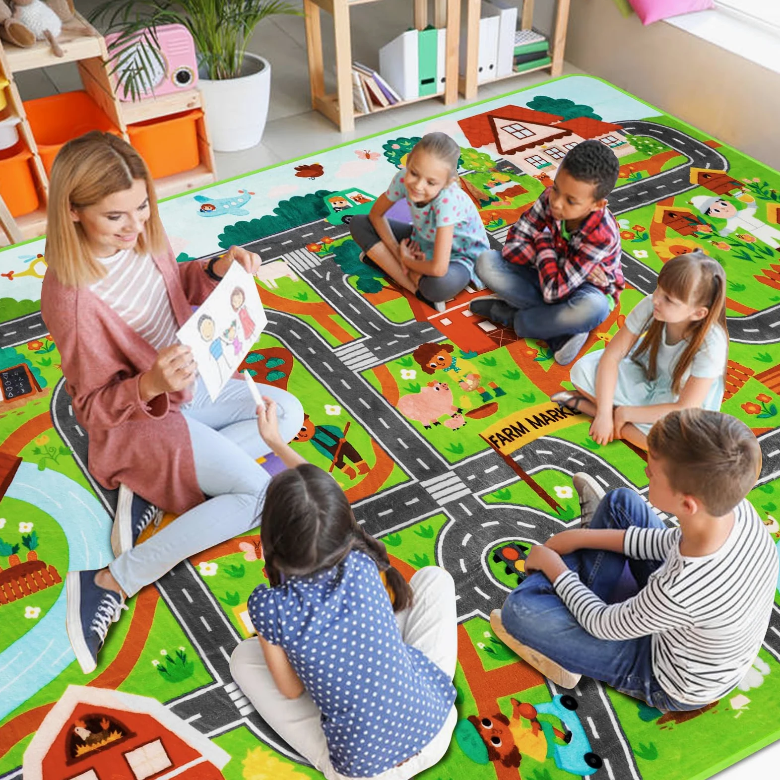 Tapis de voiture pour enfants - 200 x 150 cm - Vie de la ferme - Circulation routière pour salle de jeux - Tapis de rue pour enfants - Carte de village - Tapis de jeu pour tout-petits - Marché