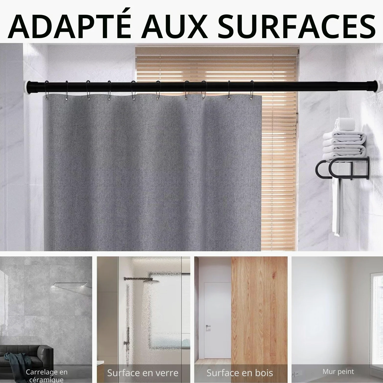 Joydeco Tringle de Rideau Douche Extensible sans Perçage 360cm-410cm, Barre Montage sans Vis en Acier Inoxydable, Diamètre 32mm, Tringle Multifonctionnel pour Salon Chambre Balcon - Noir