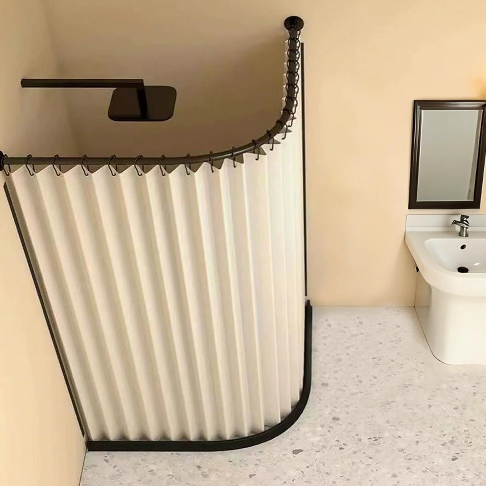 Rideau de Douche Anti Moisissure en Tissu, Beige, 240x200cm | Imperméable Lavable avec Crochets, Rideau de Douche d'angle Pliable Aimantée pour Salle de Bain, 230 g/m²