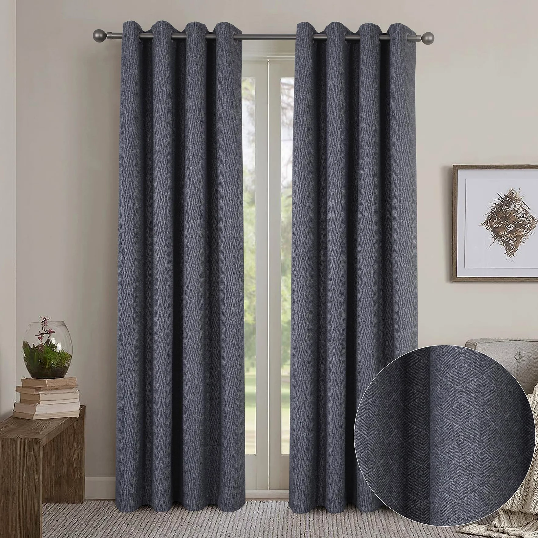 always4u Rideau avec Motifs Géométriques, Filtrage de la Lumière, Faux Laine Double Rideaux Isolation Thermique avec Oeillets pour Chambre à Coucher Salon, L140xH260cm, Texturé, Gris, Lot de 2