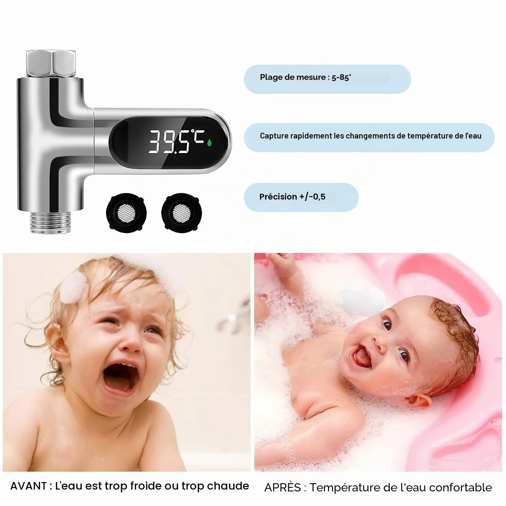 Thermomètre de bain LED auto-générateur pour douche