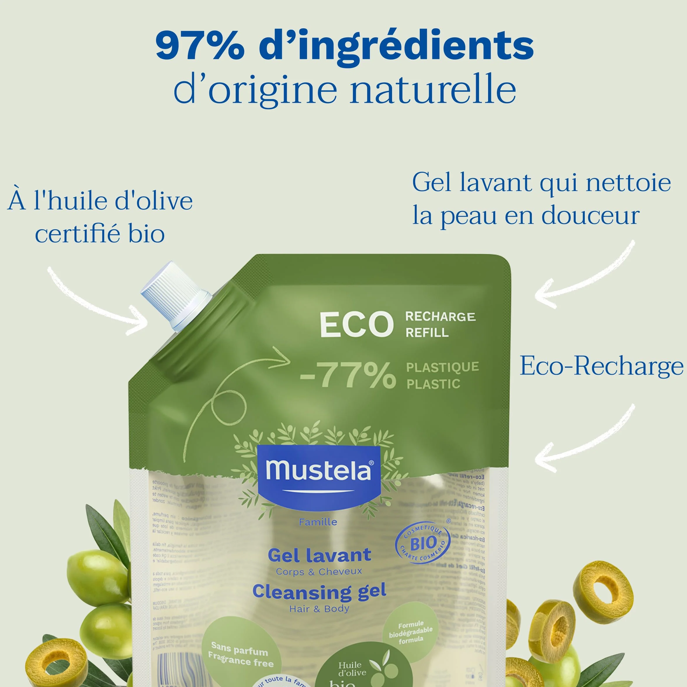 Mustela Gel Lavant Bébé Eco-Recharge Vegan Nettoyage Doux Huile d'Olive Bio 97% d'ingrédients d'origine naturelle