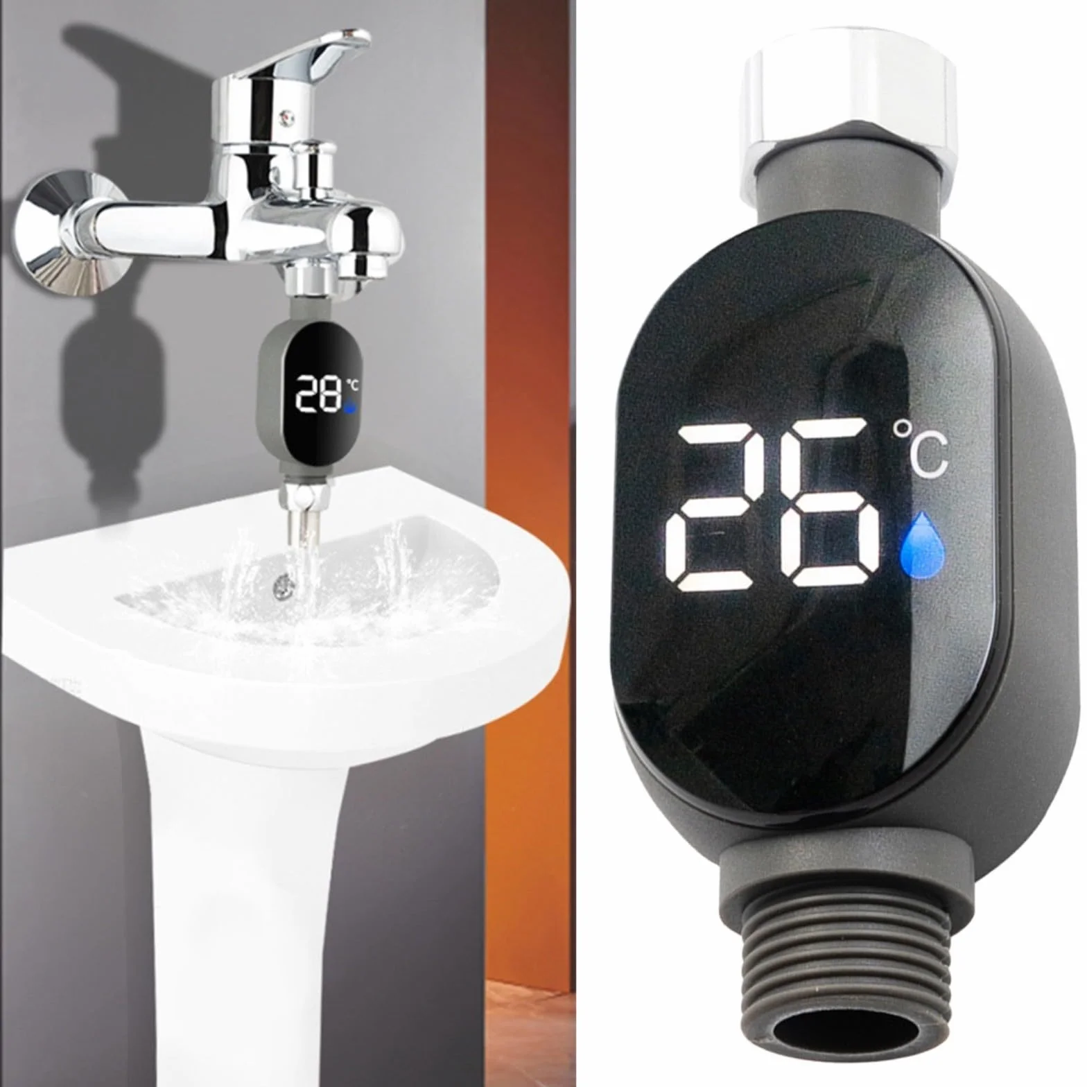 Thermomètre de douche numérique LED acier inoxydable 0-99°C 1/2"