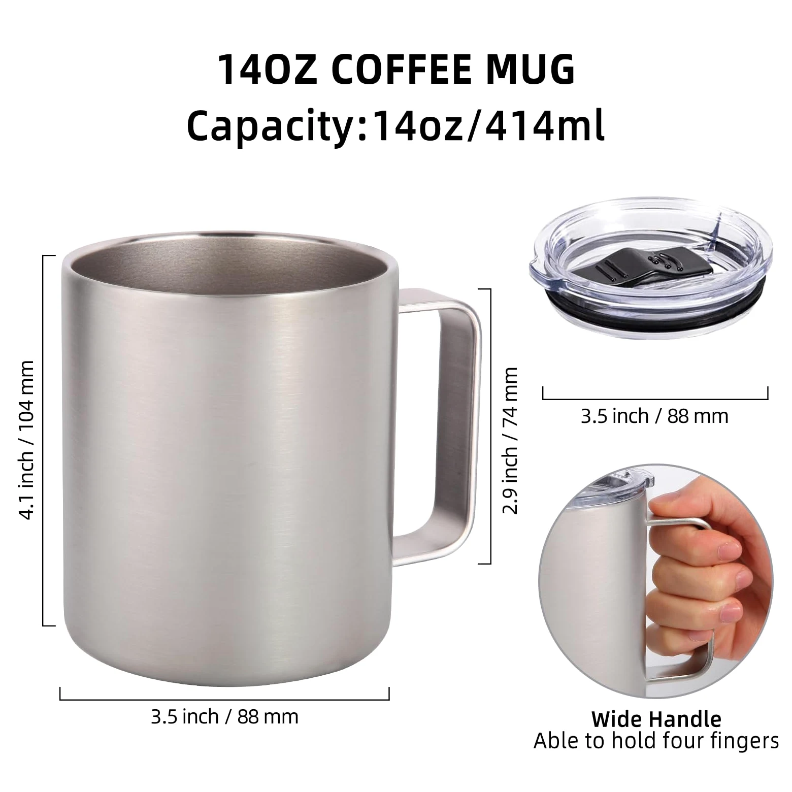 Volhoply Lot de 4 tasses à café isothermes en acier inoxydable avec couvercle – Tasse à café de voyage à double paroi avec poignée – Gobelet isotherme réutilisable en métal pour le camping – Cadeau de