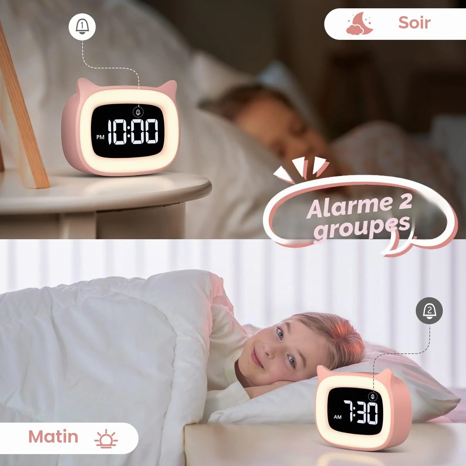 Mizikuu Réveil Éducatif LED Veilleuse Enfant Jour Nuit Lumineux 5 Couleurs 18 Musiques 2 Alarmes Fille Garçon