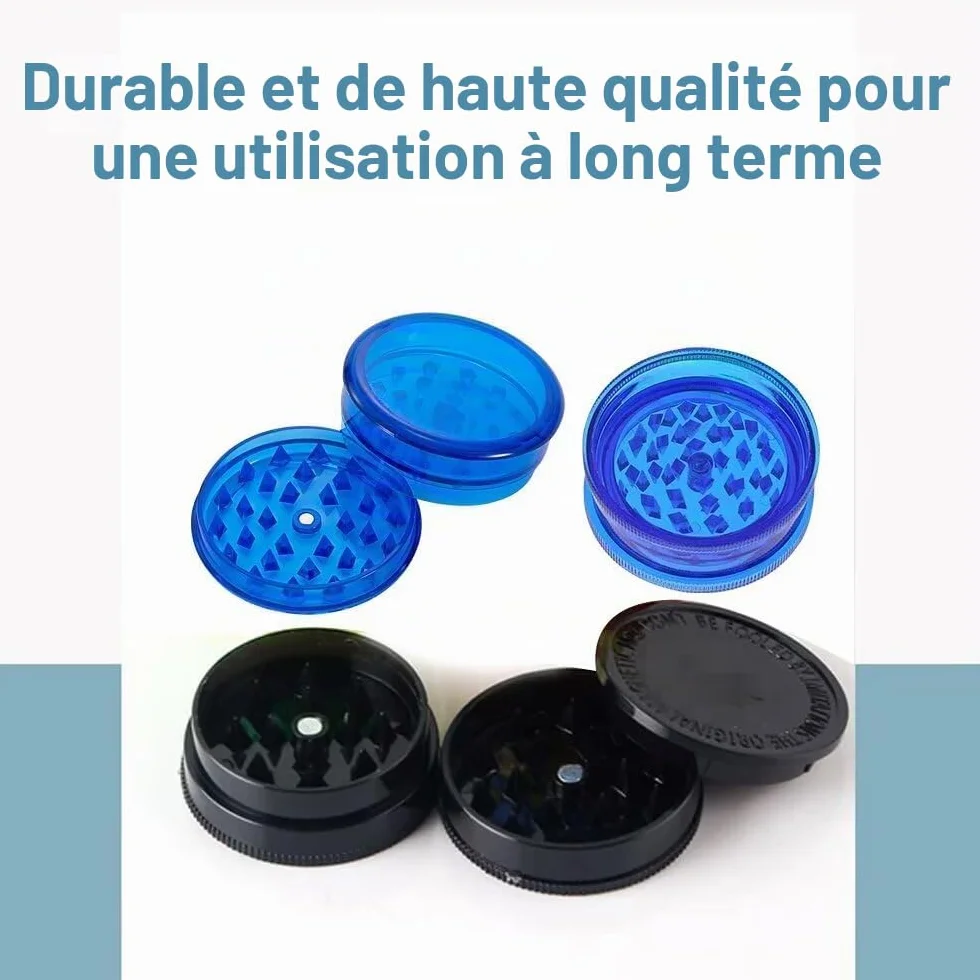 Lot de 2 moulins en plastique 60 mm Trois pièces Crusher Kitchen, broyeur à pollen et herbes en plastique pour épices Bleu et noir