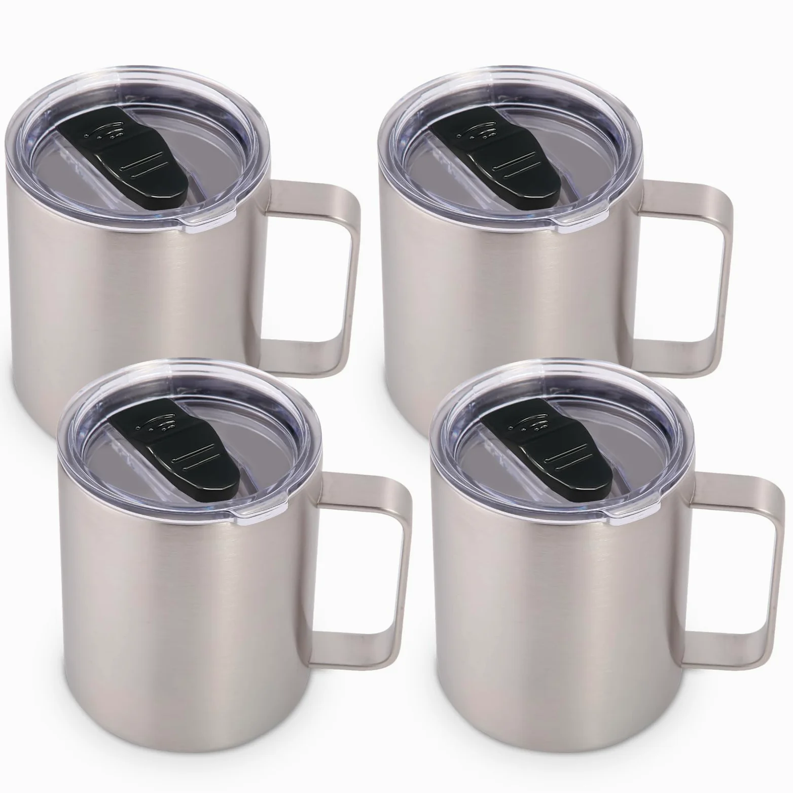 Volhoply Lot de 4 tasses à café isothermes en acier inoxydable avec couvercle – Tasse à café de voyage à double paroi avec poignée – Gobelet isotherme réutilisable en métal pour le camping – Cadeau de