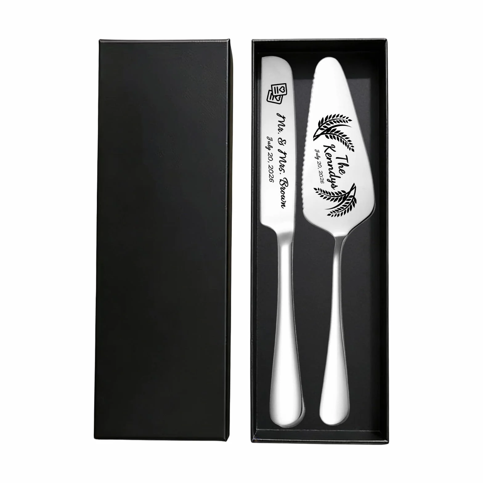 Couteau et Pelle à Gâteau de Mariage Personnalisé en Acier Inoxydable avec Gravure Originale – Noir