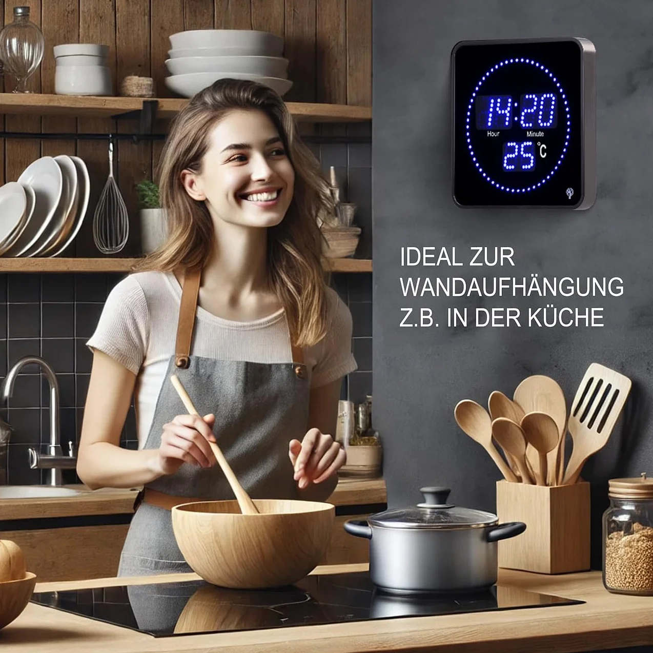 Lunartec Horloge radiopilotée avec thermomètre LED bleues 20x20 cm