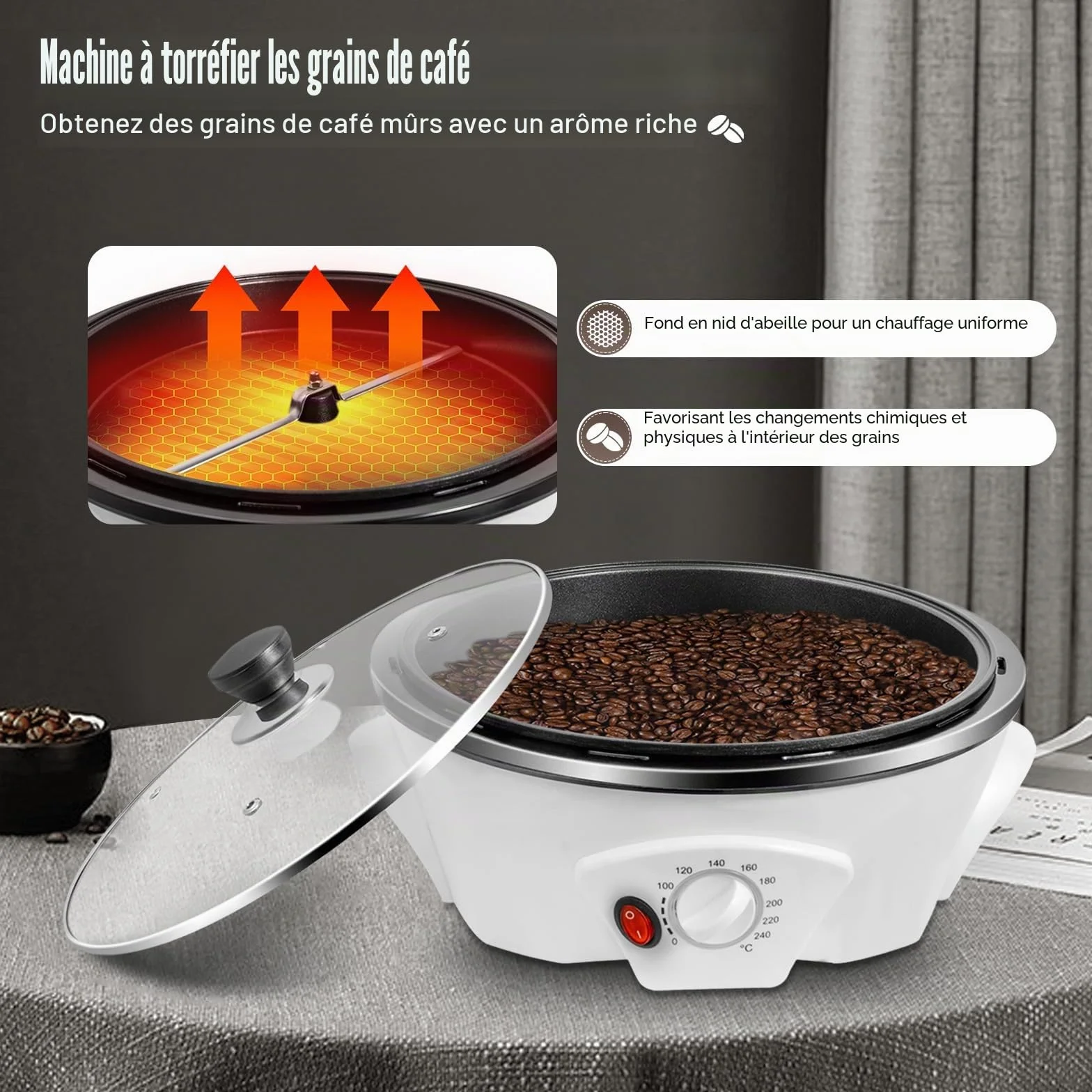 Torréfacteur à café électrique 1200 W réglable 0-240 °C avec minuterie