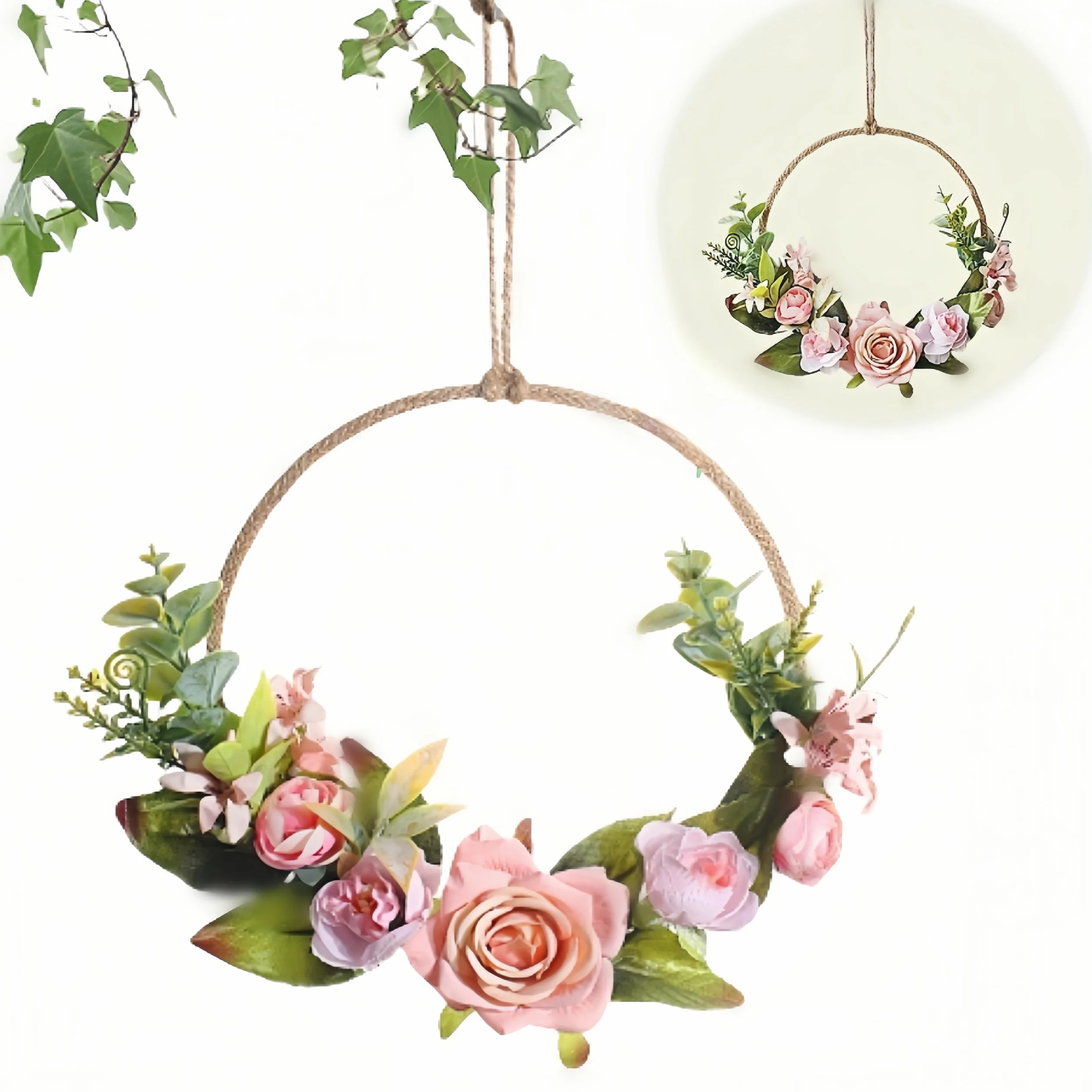 Couronne murale en métal avec orchidée artificielle et eucalyptus - Décoration de porte printanière