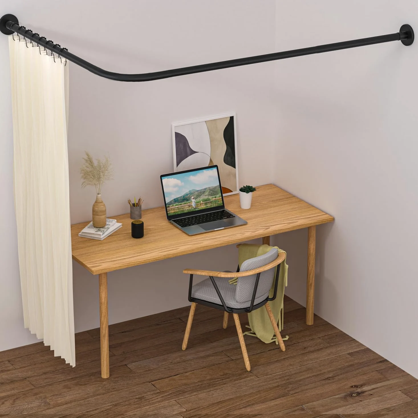 Tringle à rideau de douche extensible en acier inoxydable 304 en forme de L (noir, 60-133 cm x 180-215 cm), installation sans perçage, pour salle de bain, magasin de vêtements, espace privé
