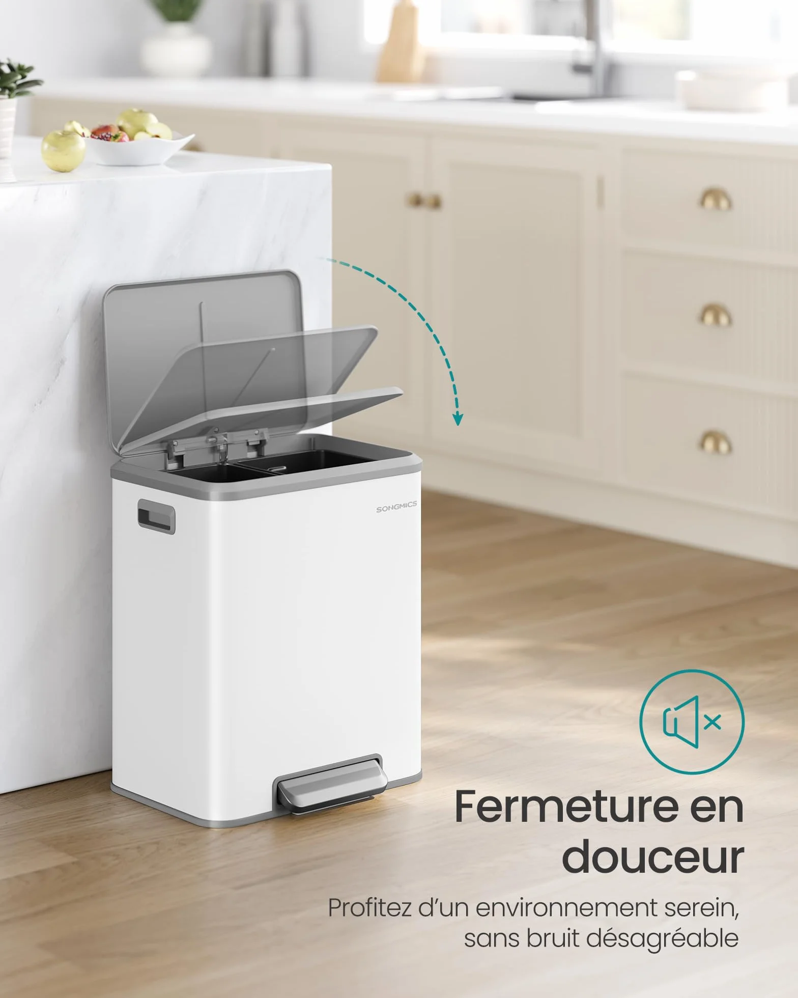 SONGMICS Poubelle de Cuisine Double 2x15L Recyclage Déchets Ménagers Acier Fermeture Douce Pédale Blanc