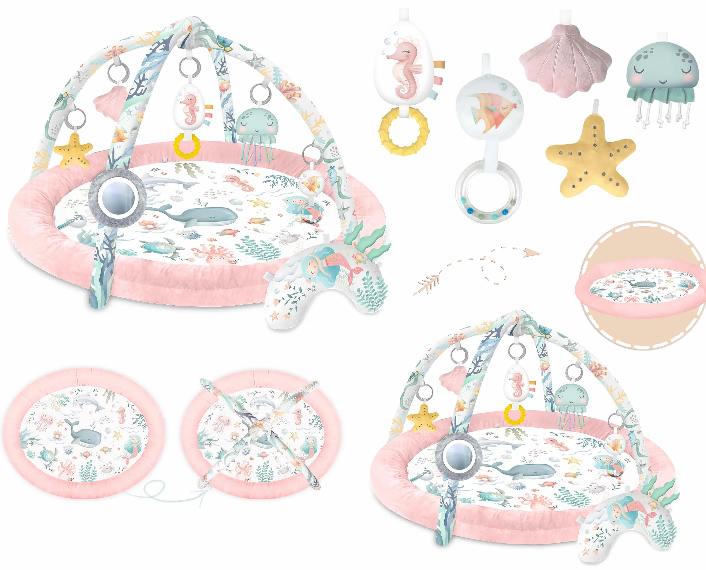 Nukido Tapis d'Éveil Bébé avec Arches Amovibles et 7 Jouets - Rose Océan