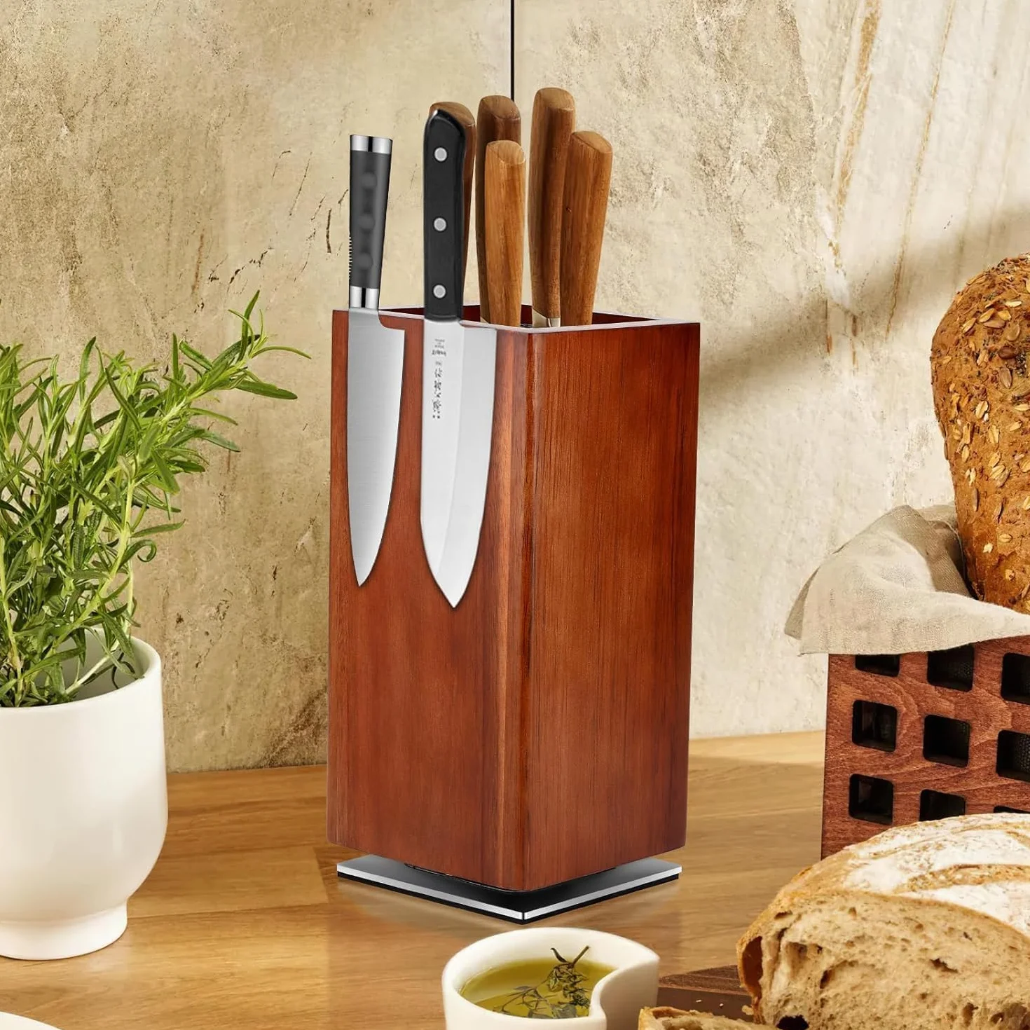 Bloc à Couteaux Magnétique en Bois, Support Couteau Cuisine, Rangement Universel 25x12x12 cm