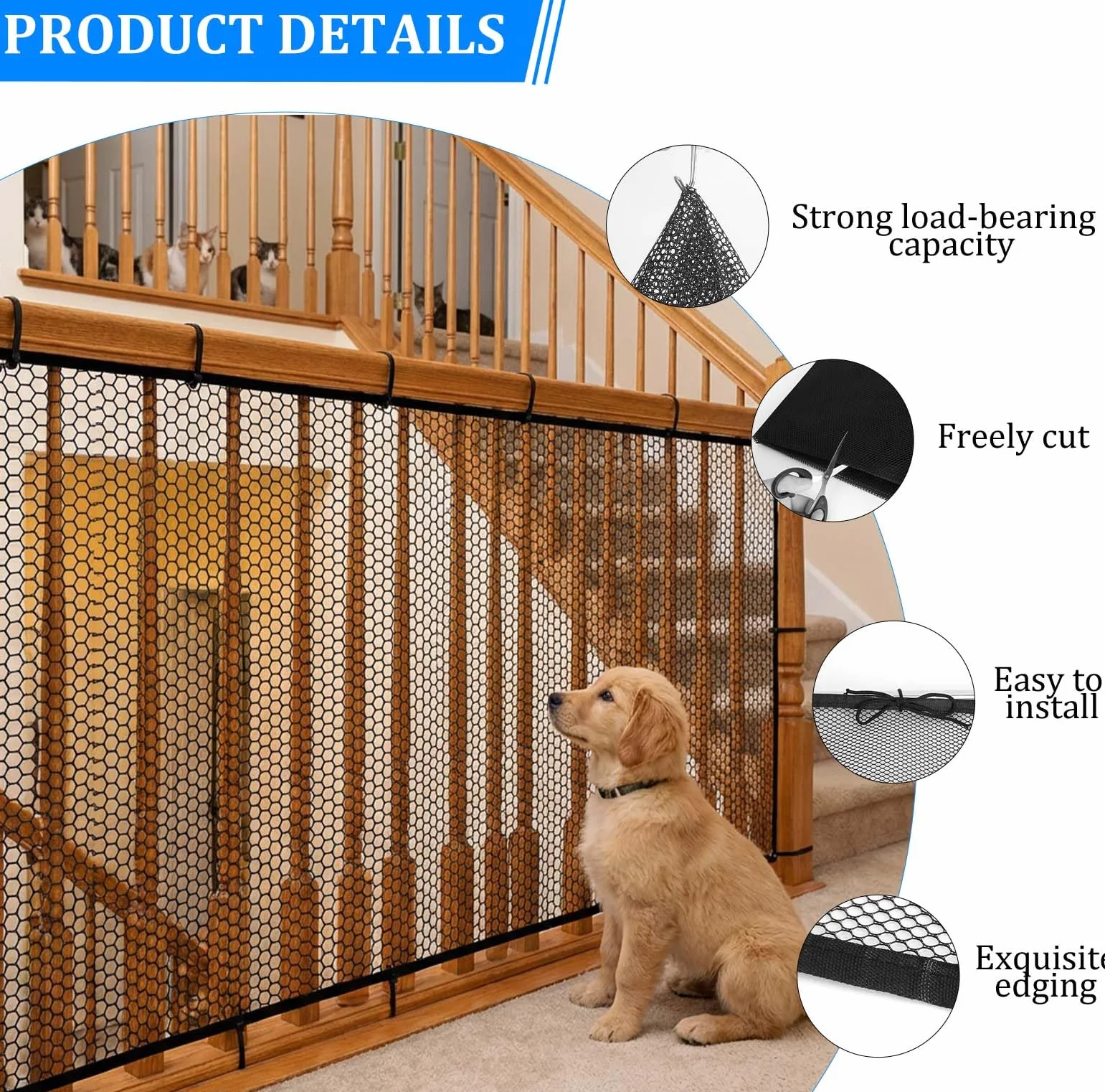 Filet Sécurité Escalier Enfant 300x78 cm, Filet Protection Balcon avec 15 Sangles 25 Cordes Nylon, Découpable Noir