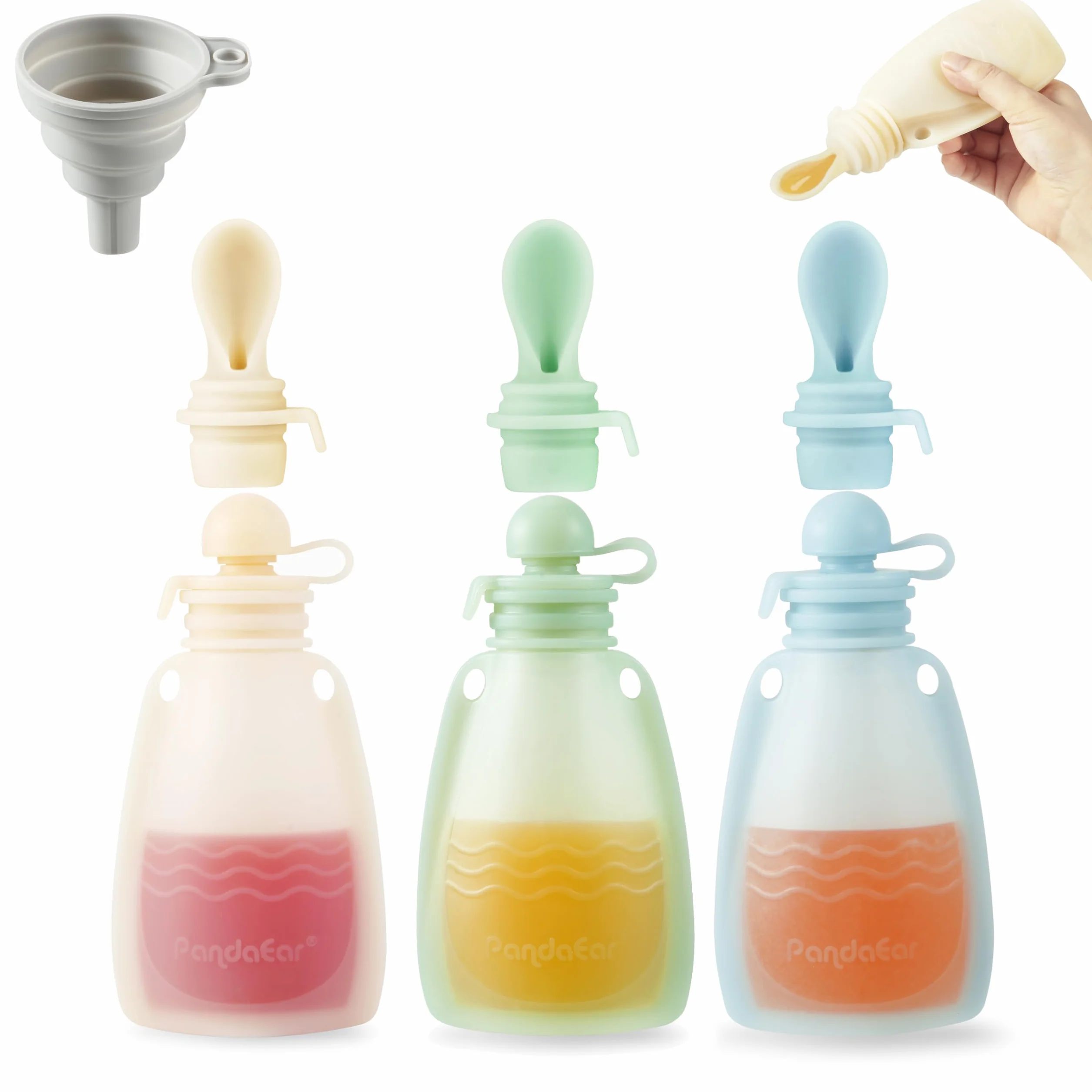 PandaEar lot de 3 gourdes bébé en silicone réutilisables avec cuillères à purée, sans BPA 150 ml beige bleu vert