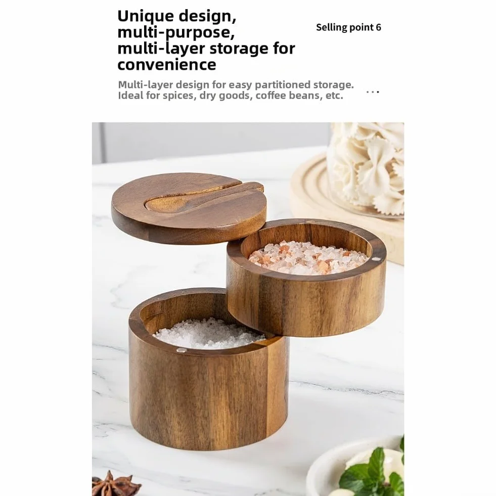 Salière en bois d'acacia avec couvercle rotatif, dimensions optimisées
