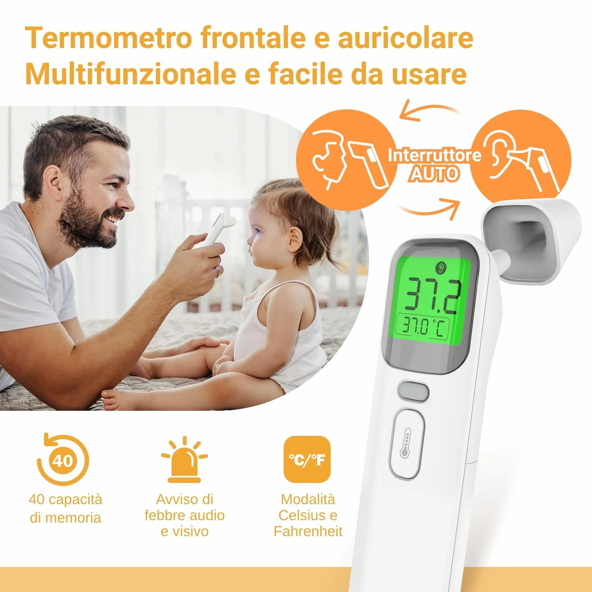FORA Thermomètre Auriculaire et Frontal Digital avec Indicateur de Fièvre, Mode Silencieux, Mémoire, Affichage 4 Couleurs