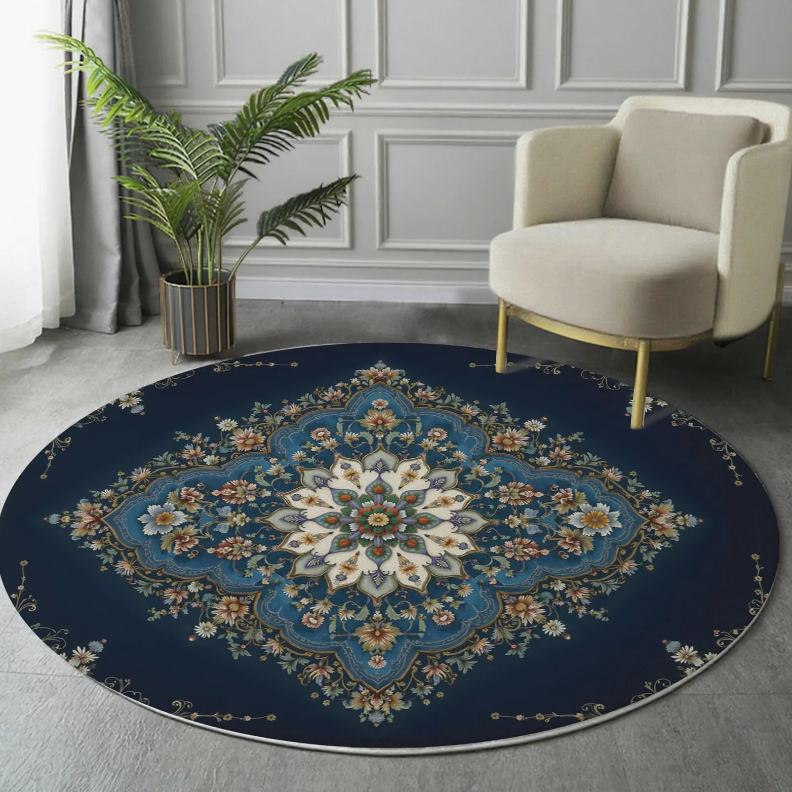 Tapis Rond 120cm Lavable Machine, Moquette Antidérapante Poil Bas Style Style de Tapis Persan, Motif Motif Floral géométrique Doux pour Salon, Chambre, Cuisine, Nursery, Bureau Bleu foncé