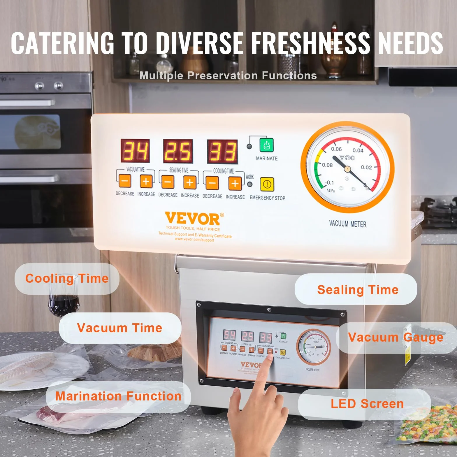 VEVOR Machine à emballer sous vide à chambre 320 W 320 mm usage domestique commercial aliments humides viandes marinades