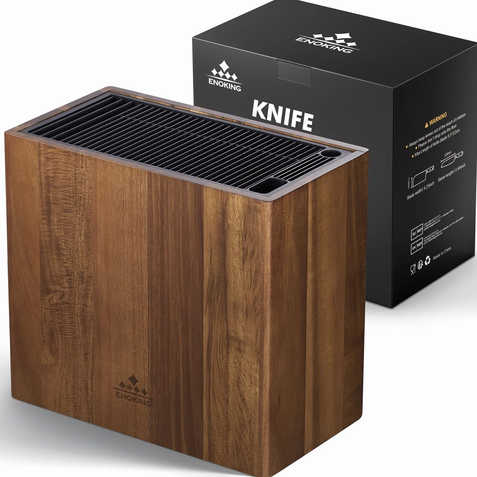 ENOKING Porte Couteaux en Bois d'Acacia, Range Couteaux de Cuisine Universel avec Couvercle en Plastique