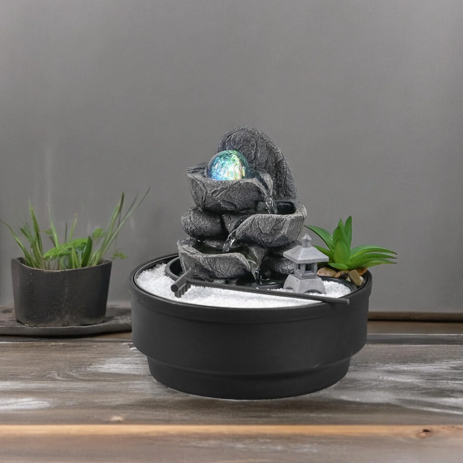 Fontaine d'Intérieur Jardin Zen, Boule de Verre Lumineuse LED Coloré, Circuit Fermé H21 cm