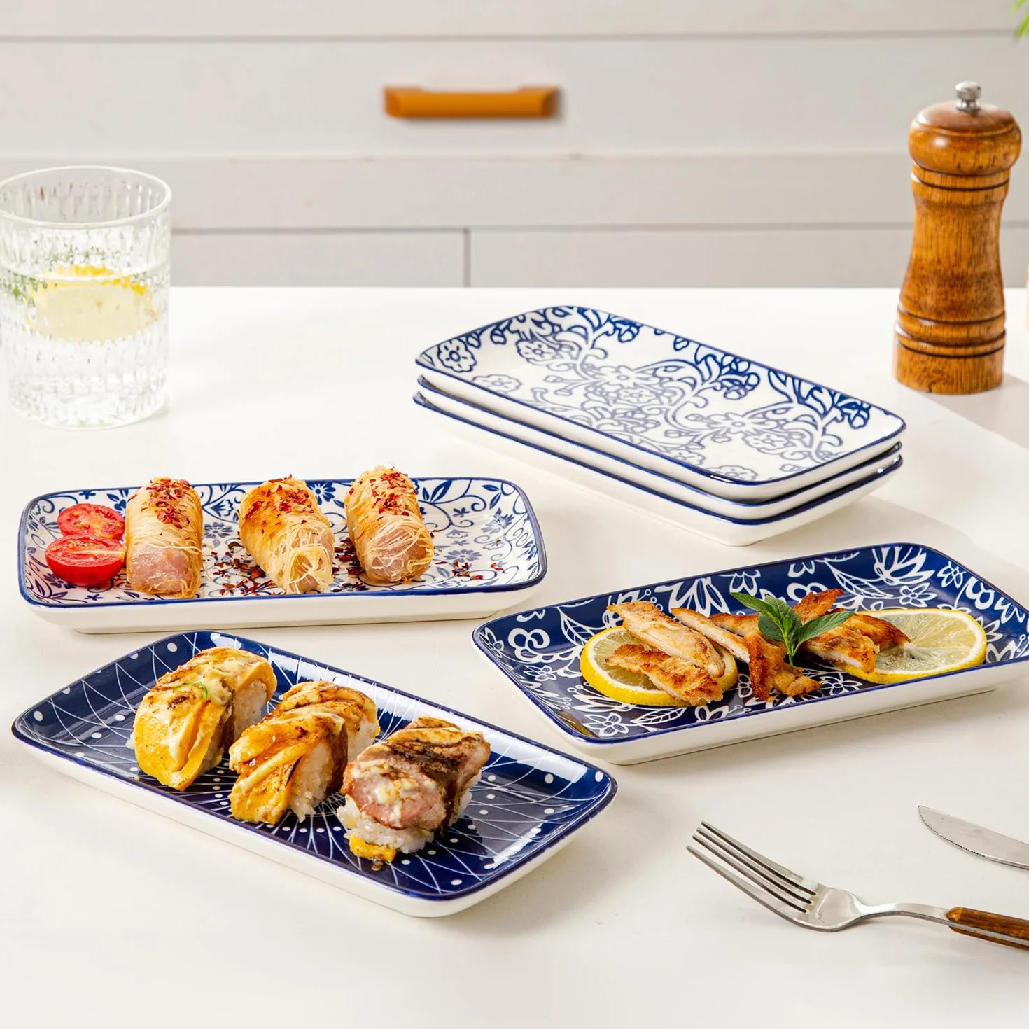 Lot de 6 assiettes de service rectangulaires en céramique de 21 cm pour sushi, salade, dessert, pâtes, apéritif, passent au four, au micro-ondes, au lave-vaisselle, bleu vintage