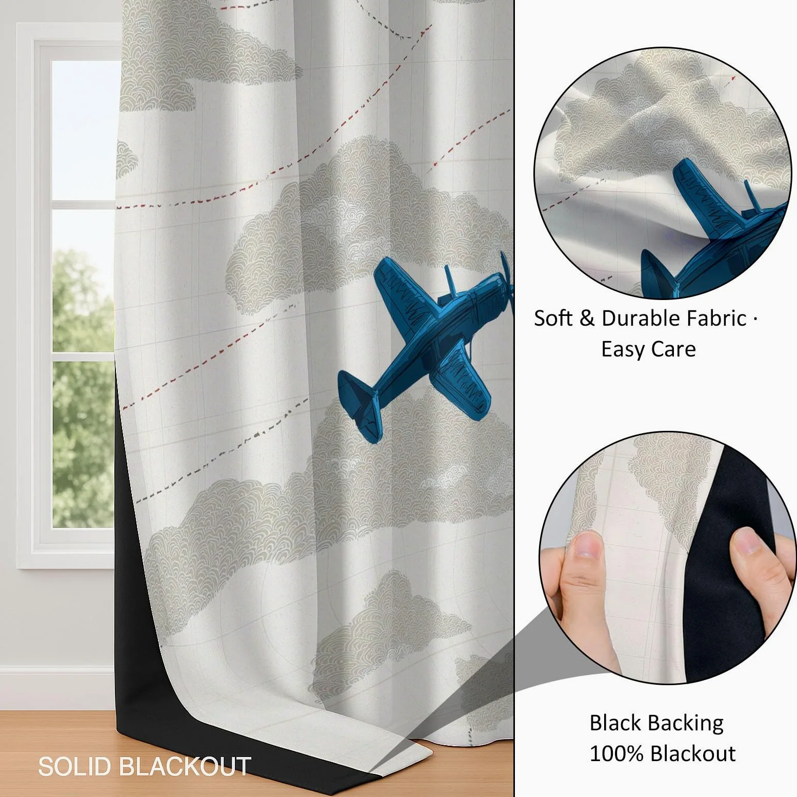 Rideau Occultant Isolants Thermiques À Oeillets Transport Avion Nuages, 110 x 215 cm Lot de 2 Rideaux Thermiques Isolants Anti Froid Imprimé pour Salon Chambre Bebe Enfant, Beige