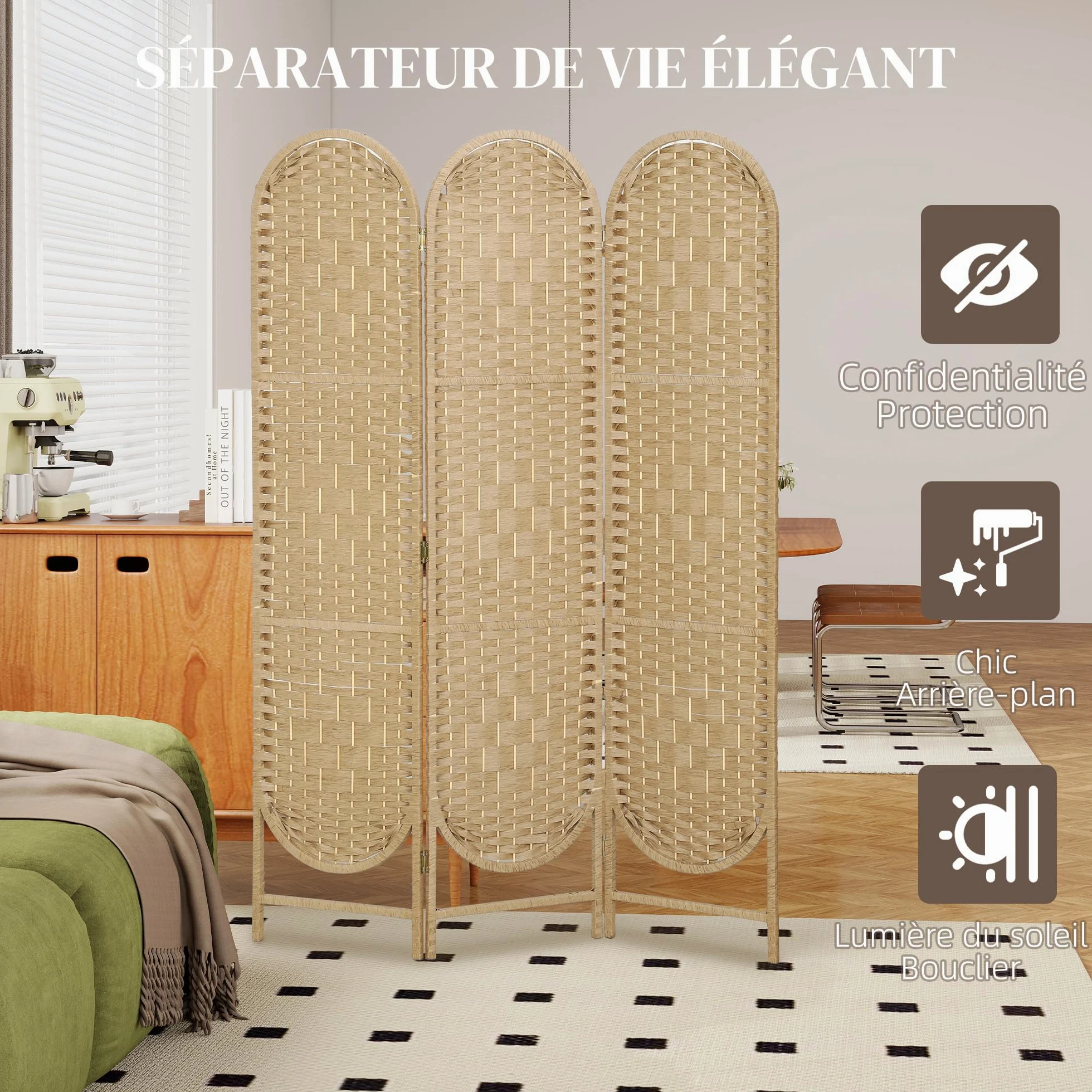 HOMCOM Paravent Interieur Ovale 3 Panneaux Léger 120 x 170 cm Bois Naturel | Séparateur de Pièce Pliable, Tissé, Style Bohème, Cloison de Séparation, pour Salon Chambre à Coucher Maison
