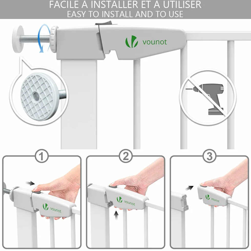 Barrière de Sécurité Extensible 88-96cm Métal Blanc 74cm Fermeture Auto Magnétique sans Perçage