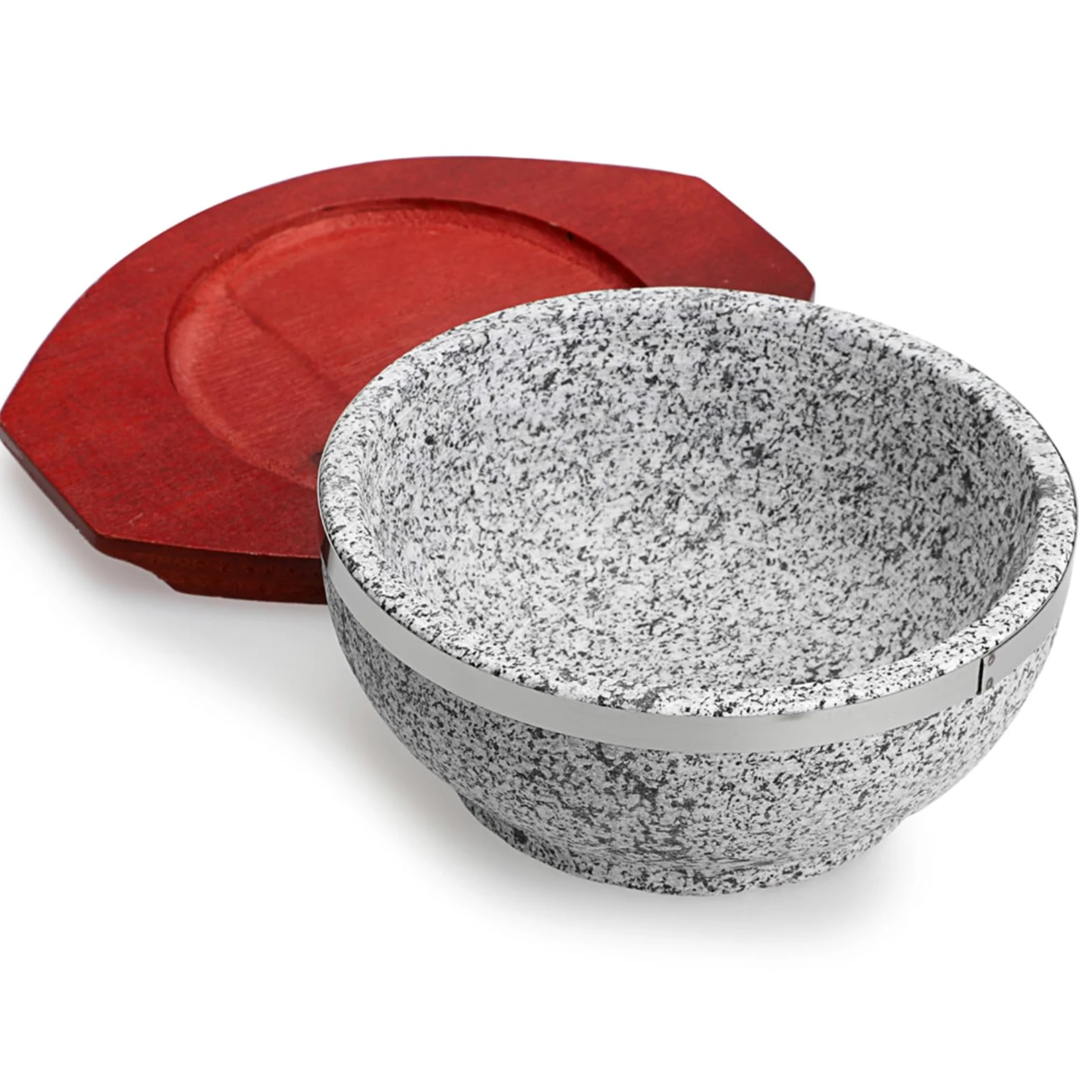 Lot de 2 bols à soupe en pierre coréenne avec plateaux en bois Dolsot Bibimbap en granit