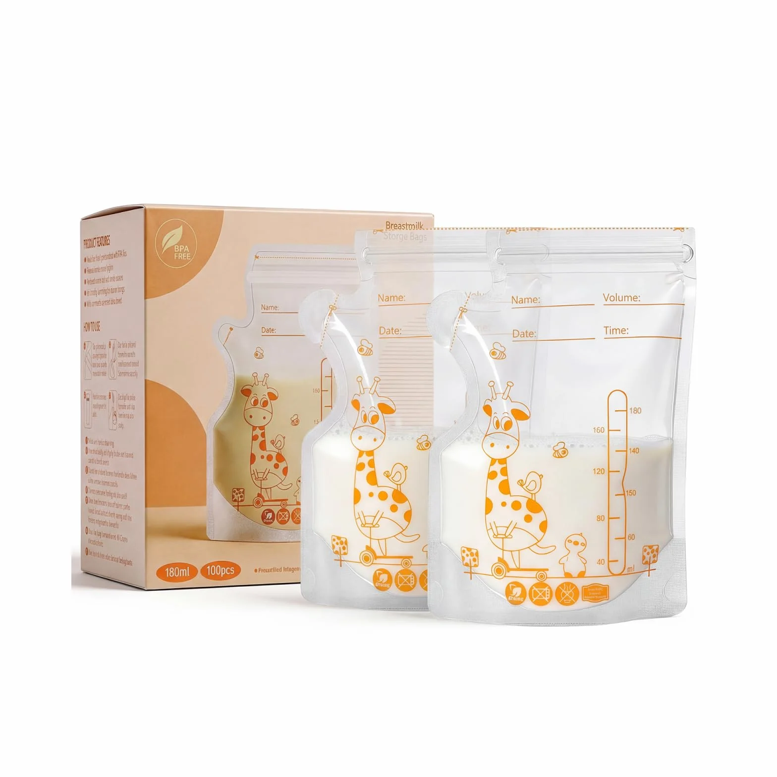 Vinabo Sachet Conservation Lait Maternelle 100 PCS 180ml Pré-stérilisés Double Glissière