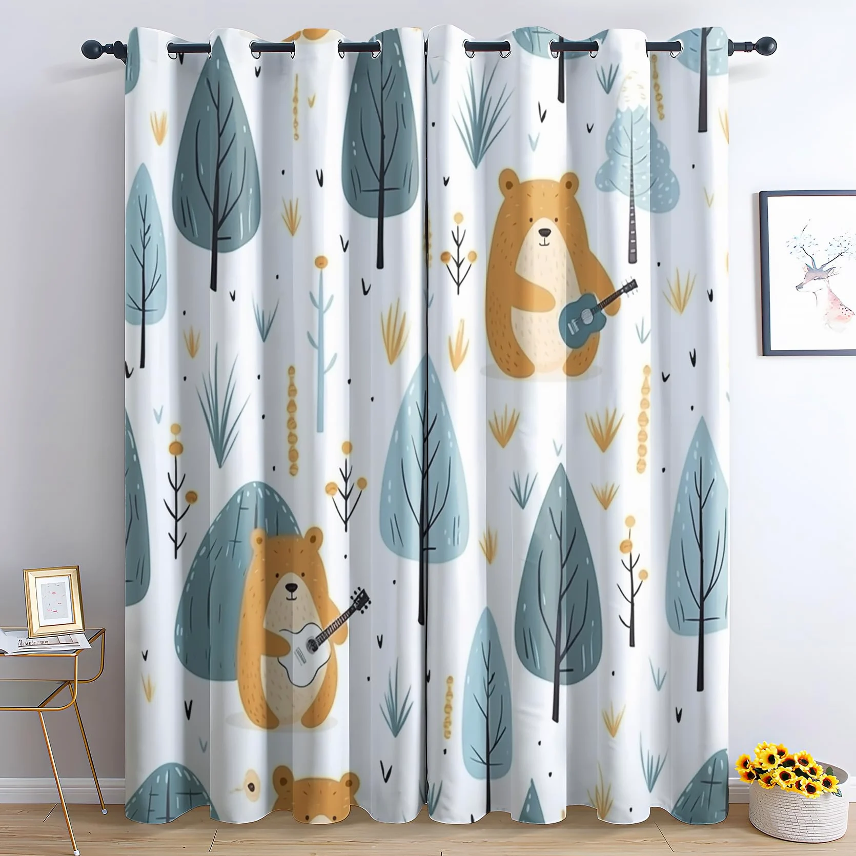 Rideau Occultant Enfants Garçons Filles, Rideau Isolant Thermique pour Salon Chambre, Rideaux Motif Ours, Rideau Opaque à Oeillets, Lot de 2 Rideaux et Draperies Intérieur 140x160cm LxH