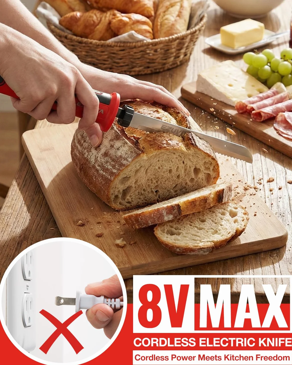 Couteau Électrique sans Fil 8V, Couteau Cuisine avec 2 Lames, Batterie 2000mAh, Rouge