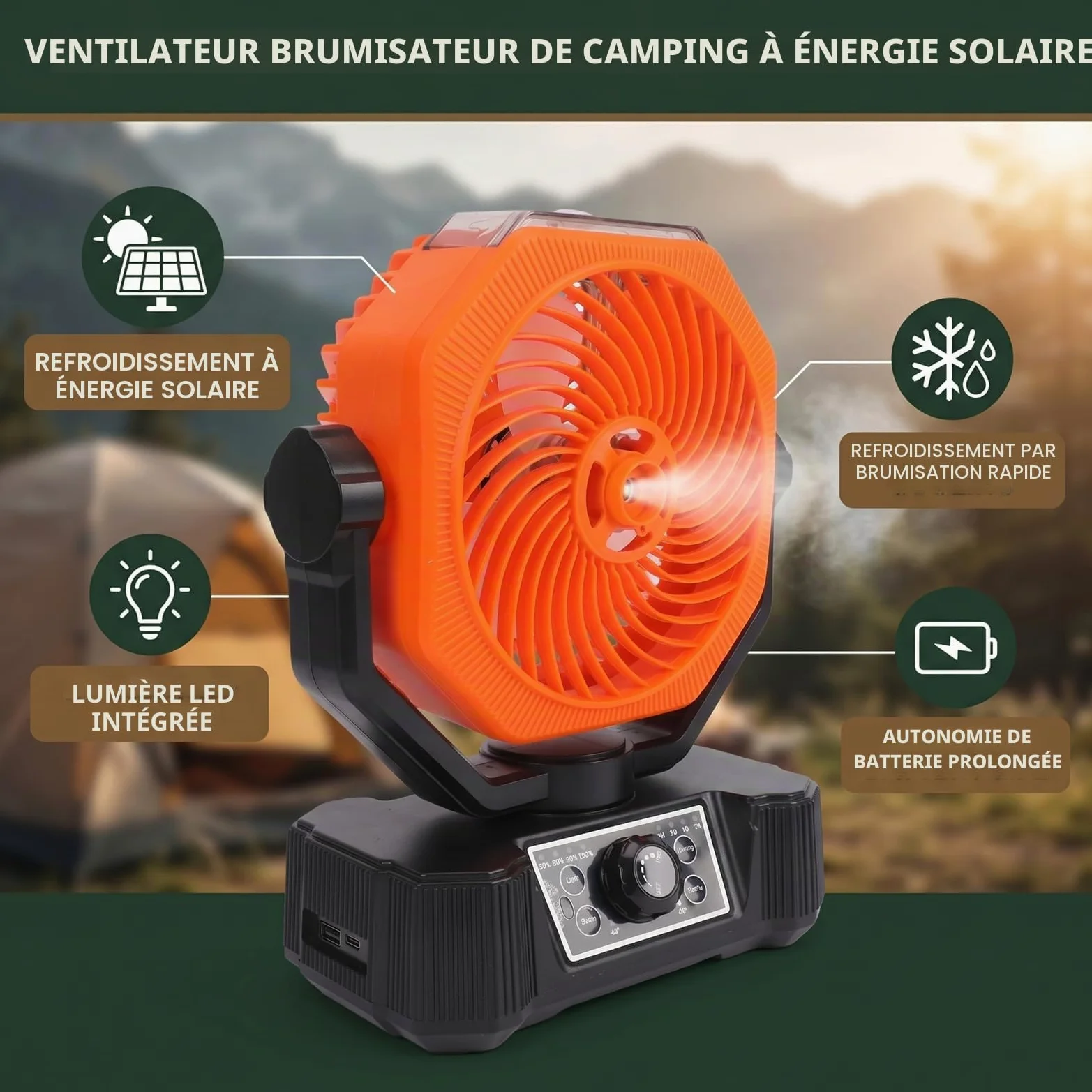 Ausla Ventilateur Brumisateur Solaire, Ventilateur de Refroidissement Portable Rechargeable à 8 Vitesses avec Lumière LED, Réservoir D’eau de 180 Ml, Batterie de 10 000 MAh, pour