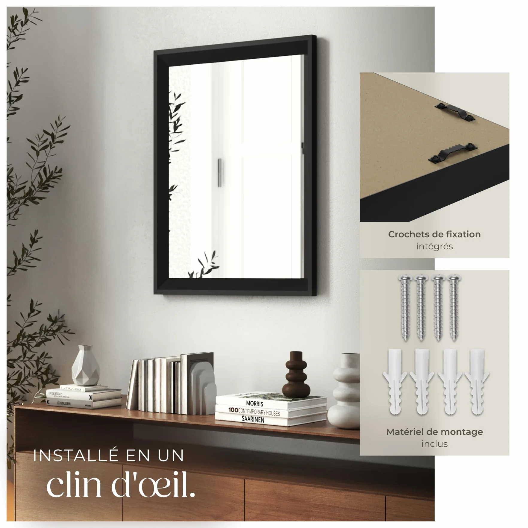 Tectake Miroir Mural Cadre Noir Plastique 40x60cm Design Industriel Décoration Chambre Salon