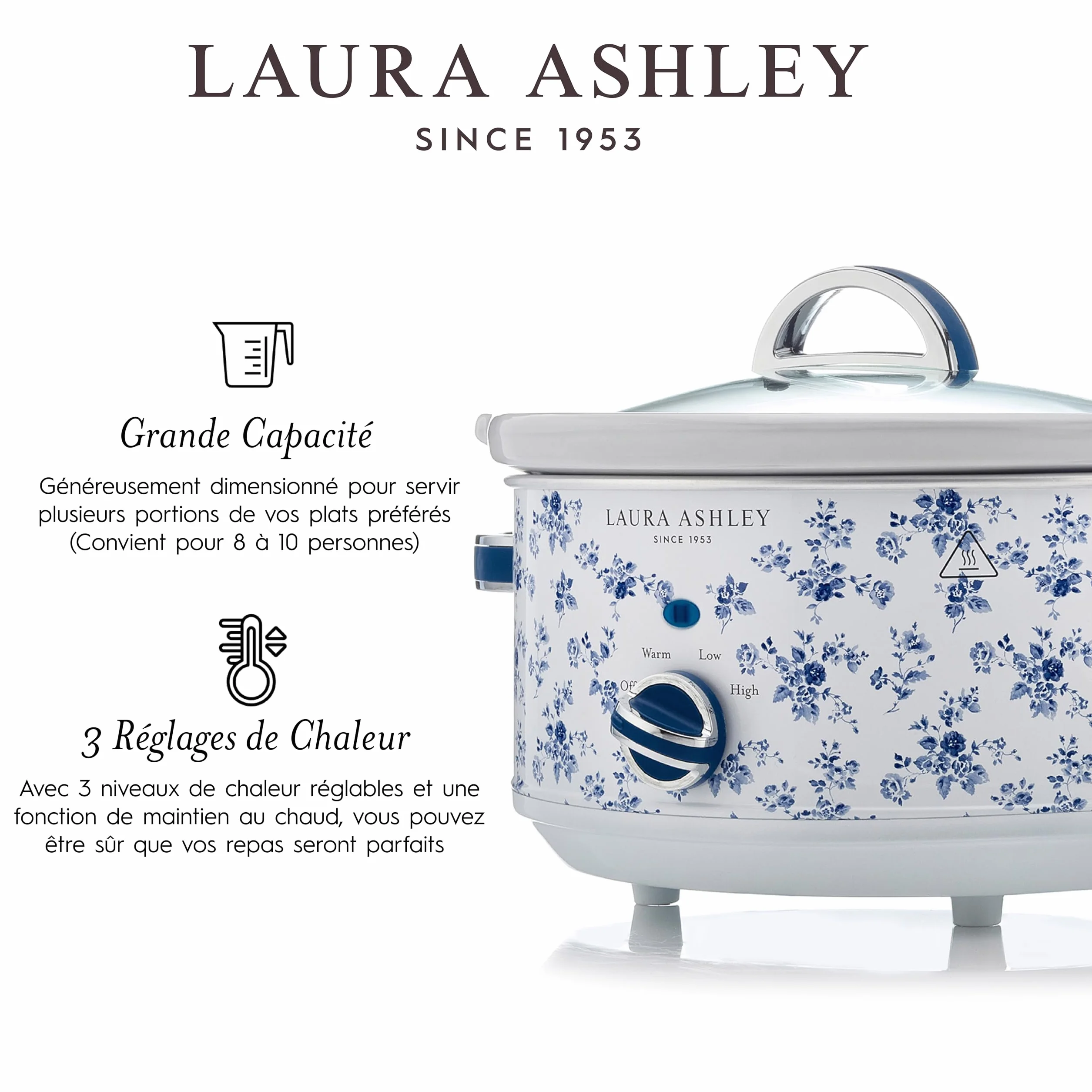 Laura Ashley Mijoteuse Electrique 6,5 Litres Imprimé China Rose VQ Slow Cooker 8-10 Personnes 3 Réglages Température Couvercle Verre Trempé
